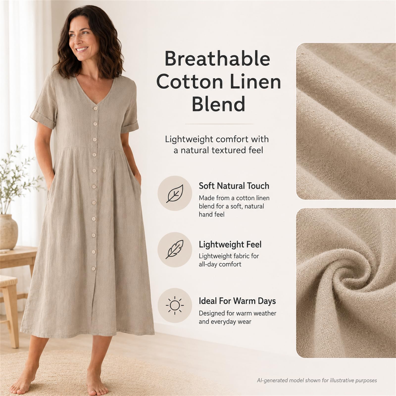 Abito in cotone lino da donna, estivo, con bottoni, scollo a V, maniche
