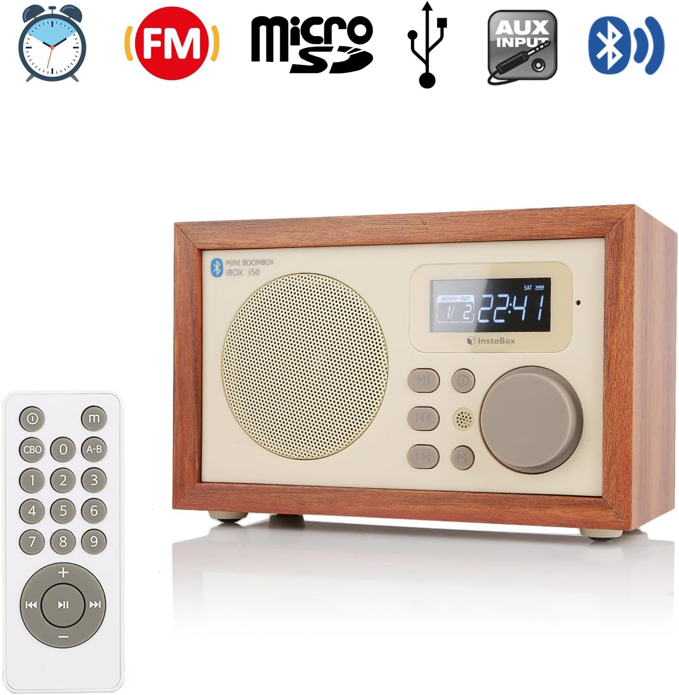 i50 Wooden Digital Multi-Functional Speaker with Bluetooth FM Radio Alarm Clock MP3 Player Supports Micro SD/TF Card and USB with Remote Control