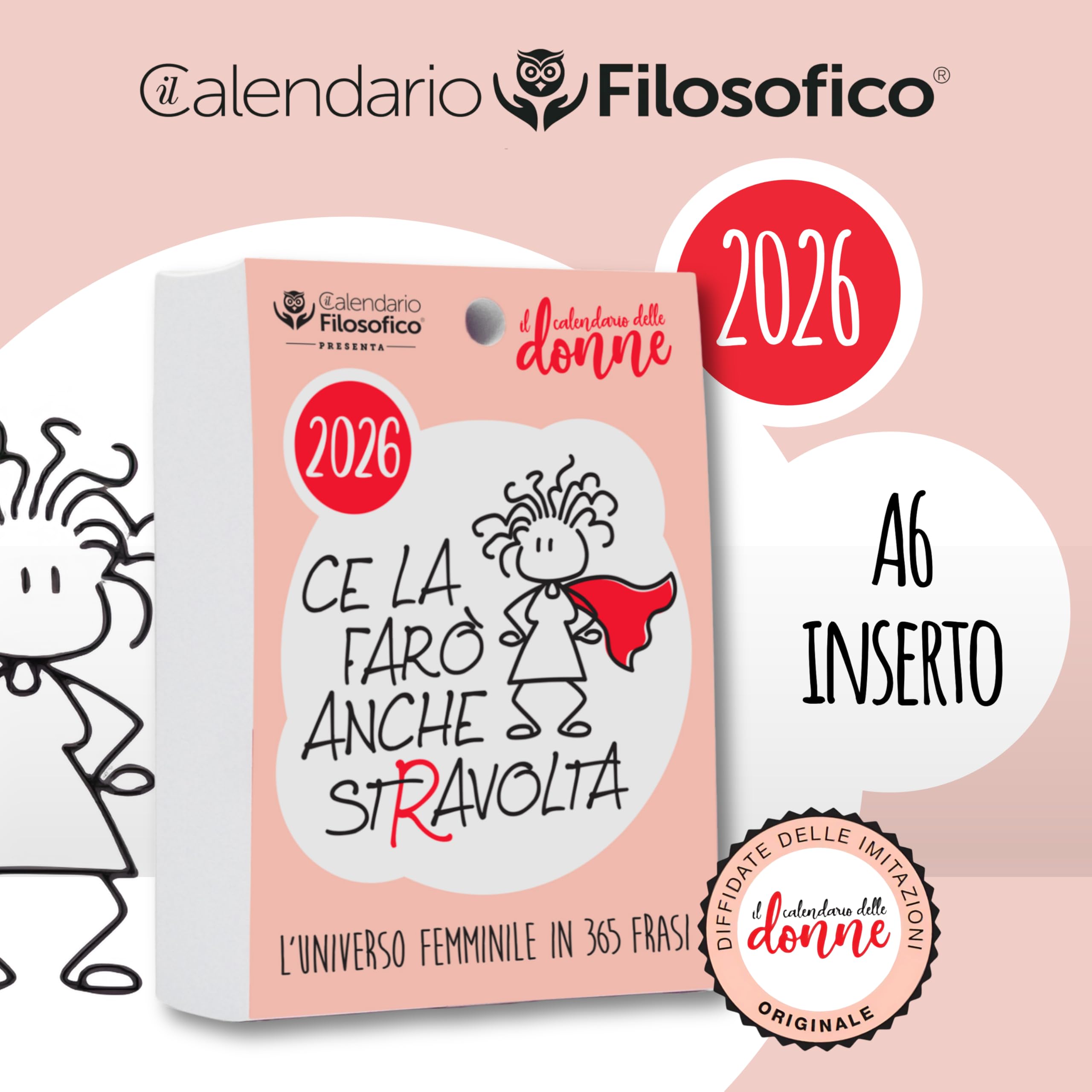 Calendario delle Donne 2026, Il Calendario Filosofico Dedicato alle Donne con Supporto in Legno, Formato A6 da 10x14 cm, 365 Giorni di Pensieri al Femminile, Ogni Giorno Una Frase, Made in Italy