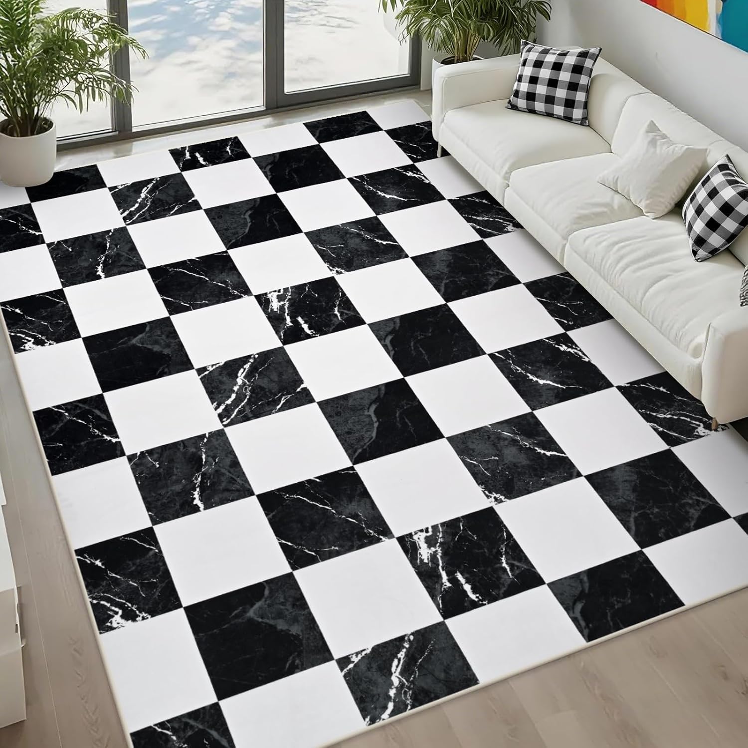 Yinhua 5x7 Area Rugs for Living Room, Neutral Washable Checkered Rugs for Bedroom, Modern Classic Geometric Area Rug Soft Non Slip Large Throw Carpet Black Marble Rug for Nursery Kids Room Playroom