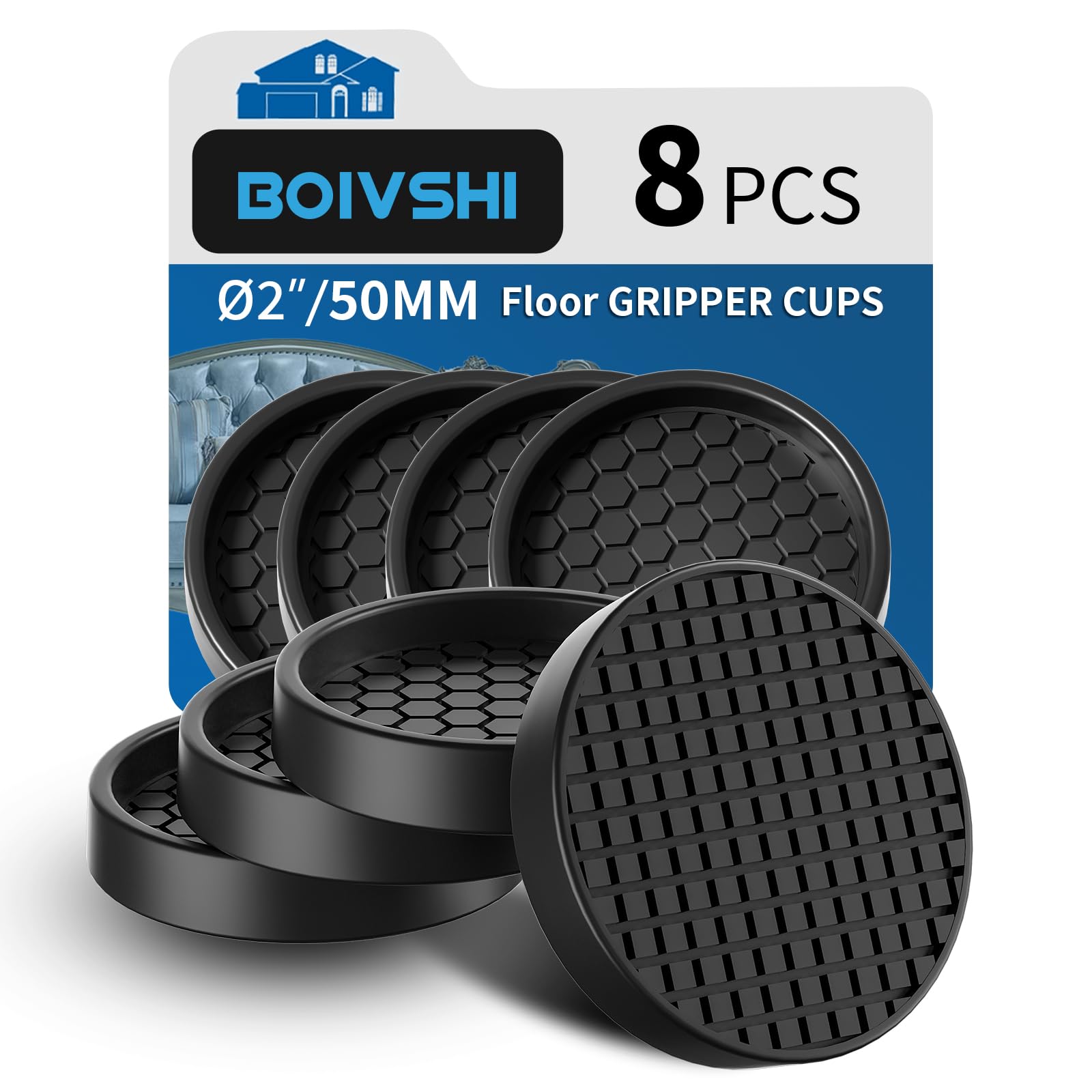 Ø 50mm Furniture Gripper，Non Slip Pads， Sofa Feet Pads，Thick Rubber Furniture Coaster，Heavy Duty Cushions，Prevent Scratches & Damage Hardwood Floor Bed，Chair Protectors, 8 Pcs Round Black