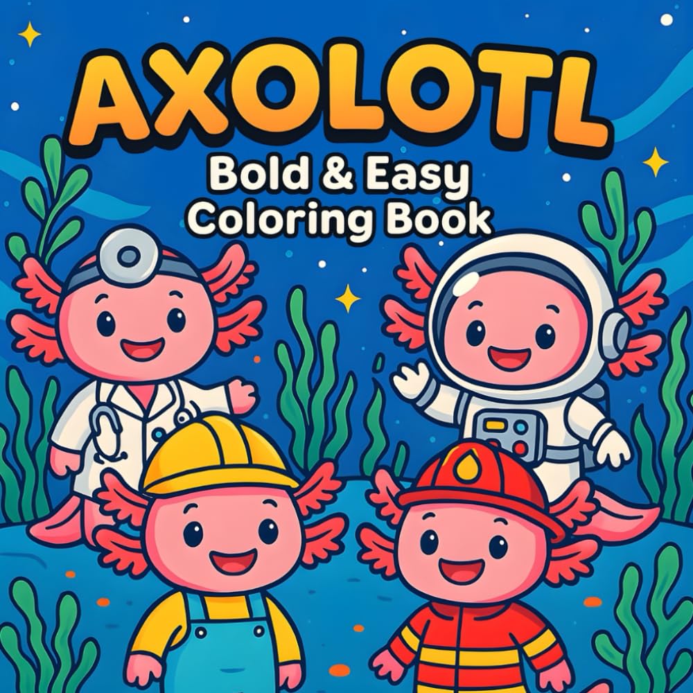 kawaii axolotl: Bold & Easy Coloring Book for kids Ages 4-8, Featuring Adorable Axolotls & Underwater Fun