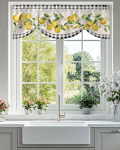 Miniatura 2 de Cenefas para ventana Cenefa semitransparente filtrante de luz para ventana pequeña, diseño de granja de arte, verano, amarillo, limón, negro,