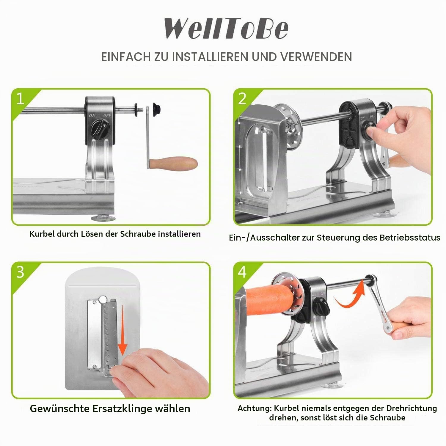 Stahl Gemüse Spiralschneider Kartoffel, 6-Klingen Gemüsenudeln Spiralschneider Elektrisch, Zucchini Nudeln Schneider, Zoodle Maker Spiralschneider, 4 Saugnapf mit Anti-Rutsch Technologie