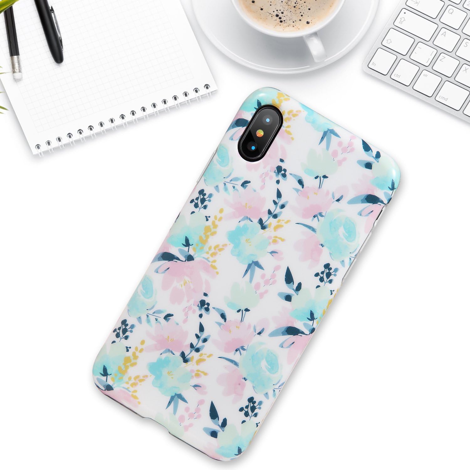 LUMARKE iPhone X Case,iPhone Xs Case,Cute for Girls Women Slim-Fit Glossy TPU Clear Bumper Flexible Soft Rubber Silicone Best Protective Phone Case Cover for iPhone X/iPhone Xs (Florals Pink Teal)