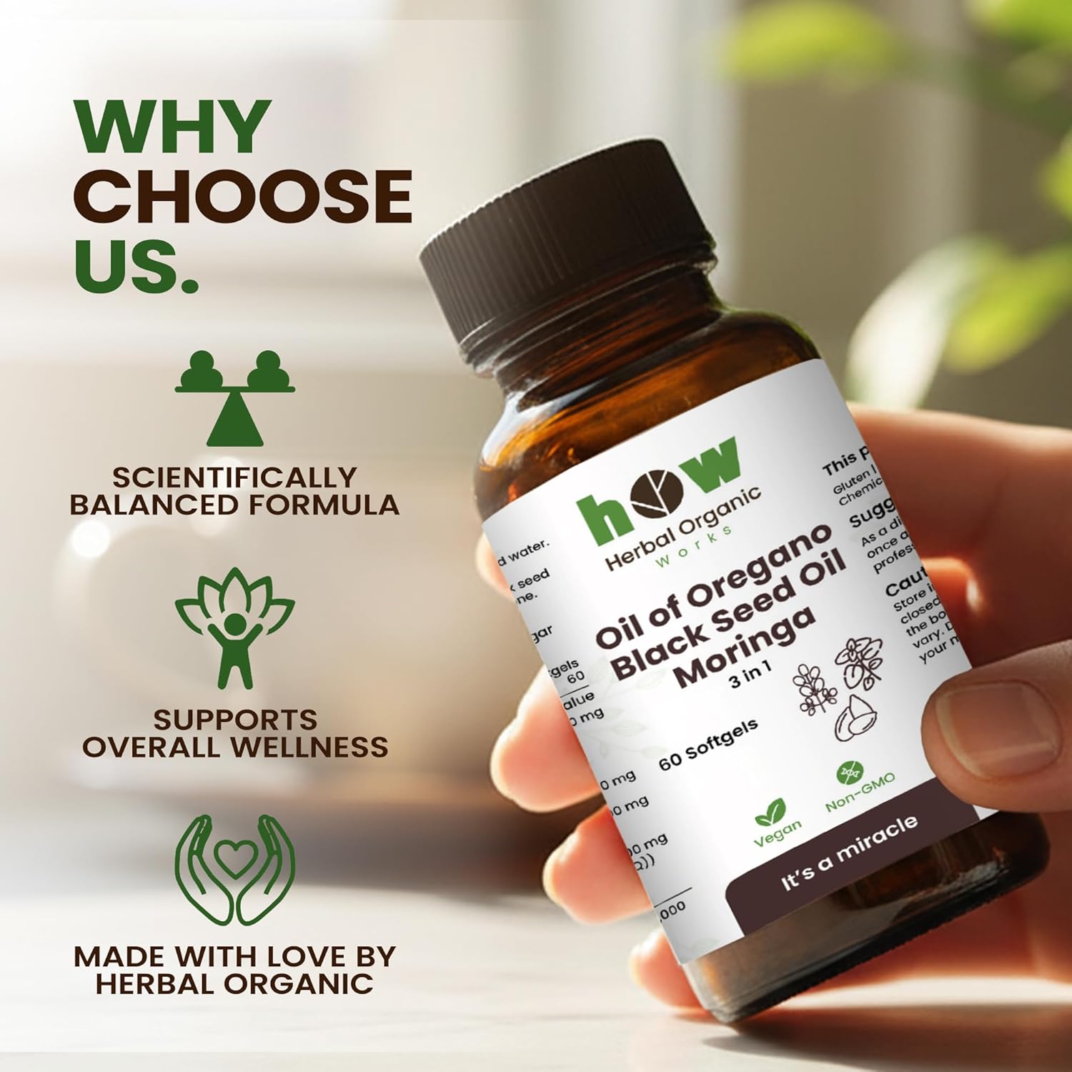 3-in-1 Oregano Oil, Black Seed Oil & Moringa – 60 Vegan Capsules | Herbal Blend Supplement | Non-GMO, Sugar-Free, Gluten-Free | Daily Wellness Support