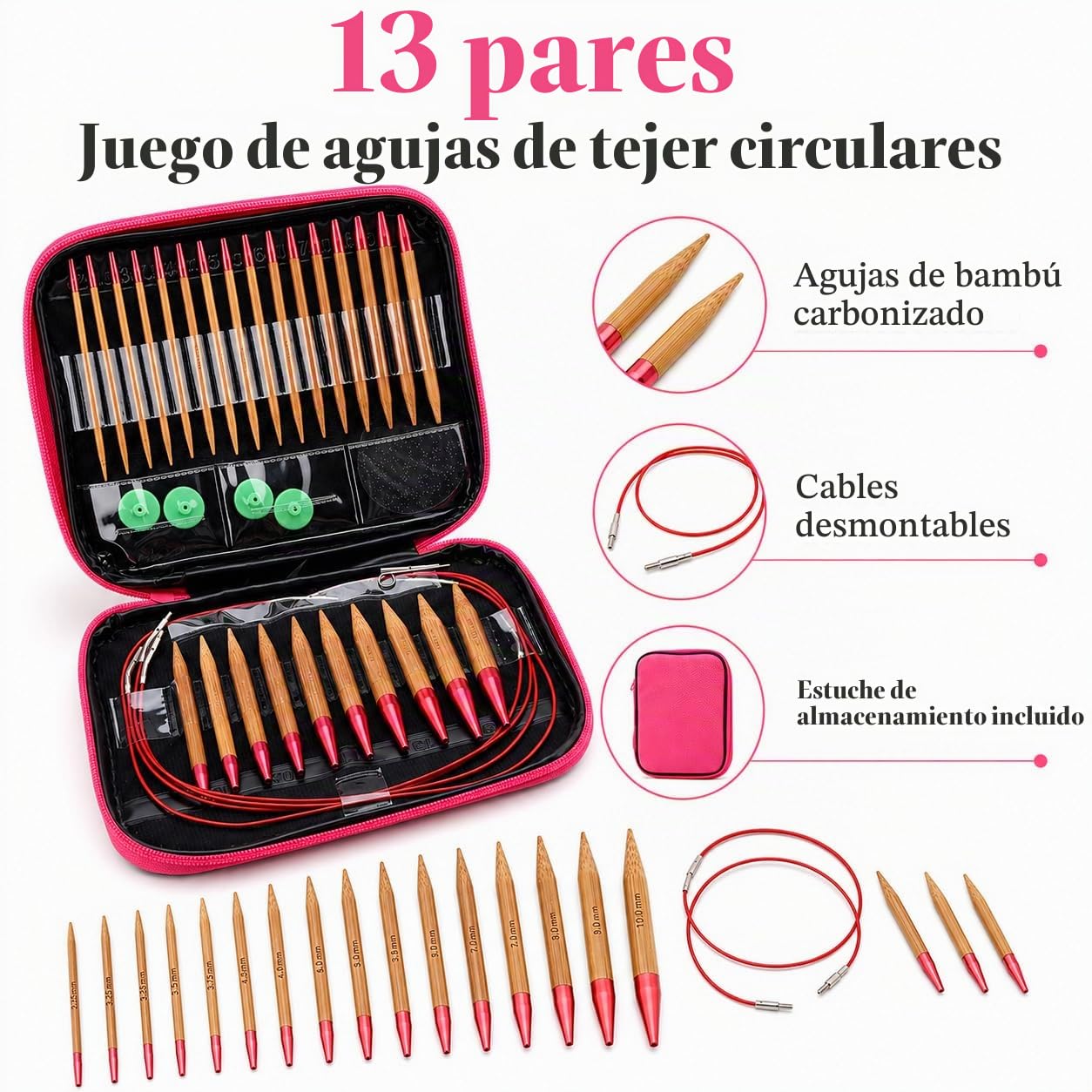 LetCart Juego de Agujas de Punto Circular, 13 pares Agujas de Tejer Circulares de Bambú con Accesorios de Tejer, para Principiantes y Profesionale, con Bolsa