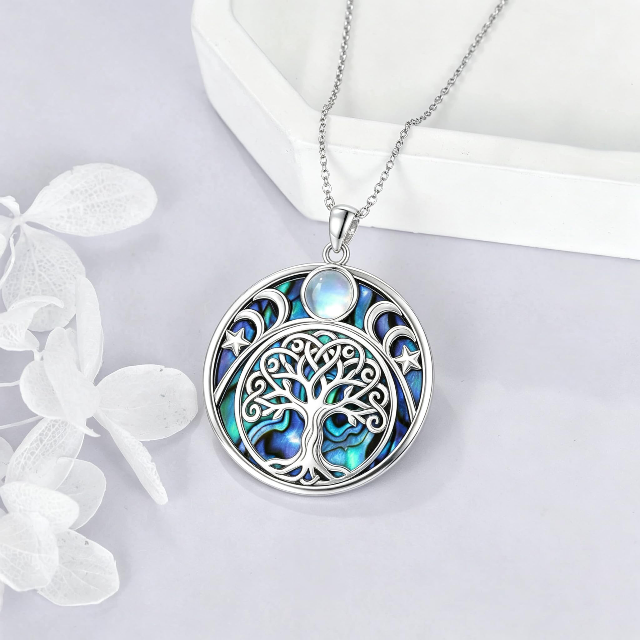 ROMANTICWORK Baum des Lebens/Kleeblatt/Wolf/Eule/Fuchs Anhänger Halskette 925 Sterling Silber Keltischer Knoten Schmuck für Damen Weihnachten Geburtstag