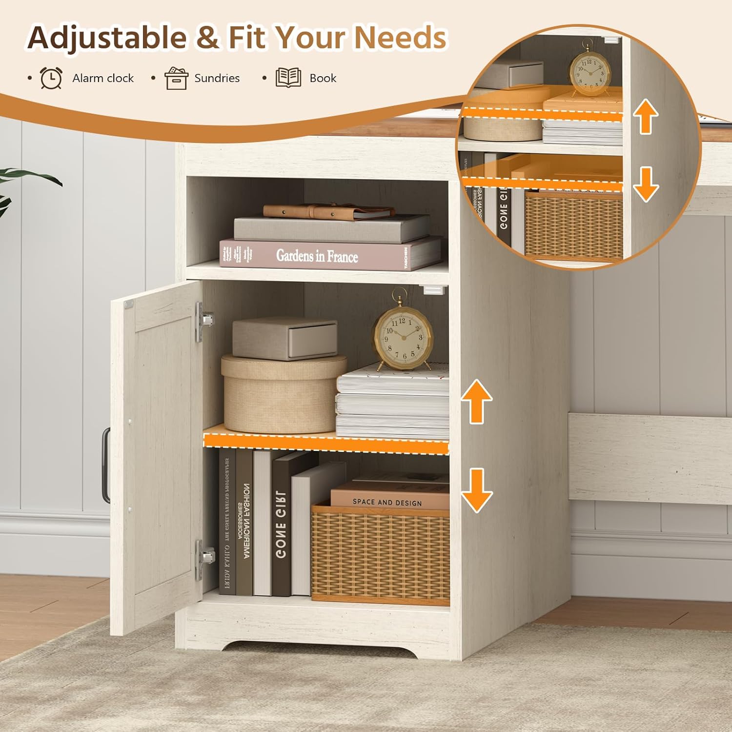 YOMILUVE Farmhouse L Shaped Desk with Drawers, 61" Home Office Desk with Storage Cabinet and Power Outlet, L Shaped Computer Desk with Storage Shelves and Monitor Stand, Brown and White