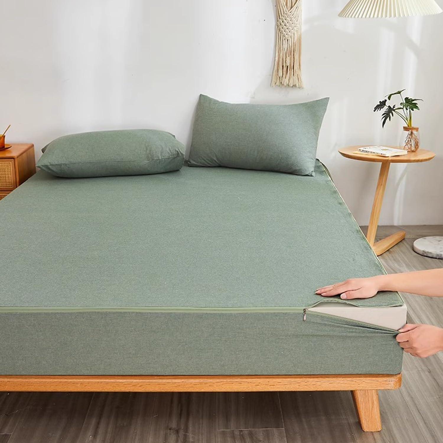Anpassbarer Matratzenschoner aus Baumwolle, 180 x 200 + 25 cm, hautfreundliches, bequemes Spannbetttuch für Doppel-/Einzelbett-/Kingsize-Größe, grüner Matratzenbezug mit Reißverschluss