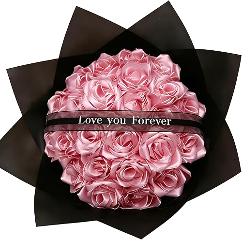 Miniatura 5 de Ramo de rosas eternas, 24 unidades, ramo de flores personalizadas para siempre, cinta hecha a mano, rosas sintéticas, regalo romántico para novia,