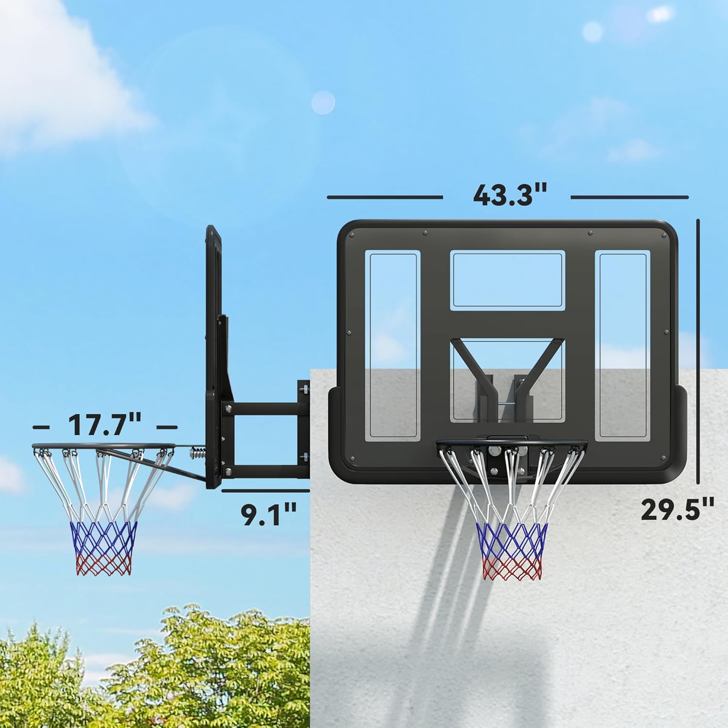 Soozier Wall Mounted Basketball Hoop, Reinforced Shatter Resistant 43" Backboard Basketball Goal Combo Kit with All Weather Net for Outdoor or Indoor Use