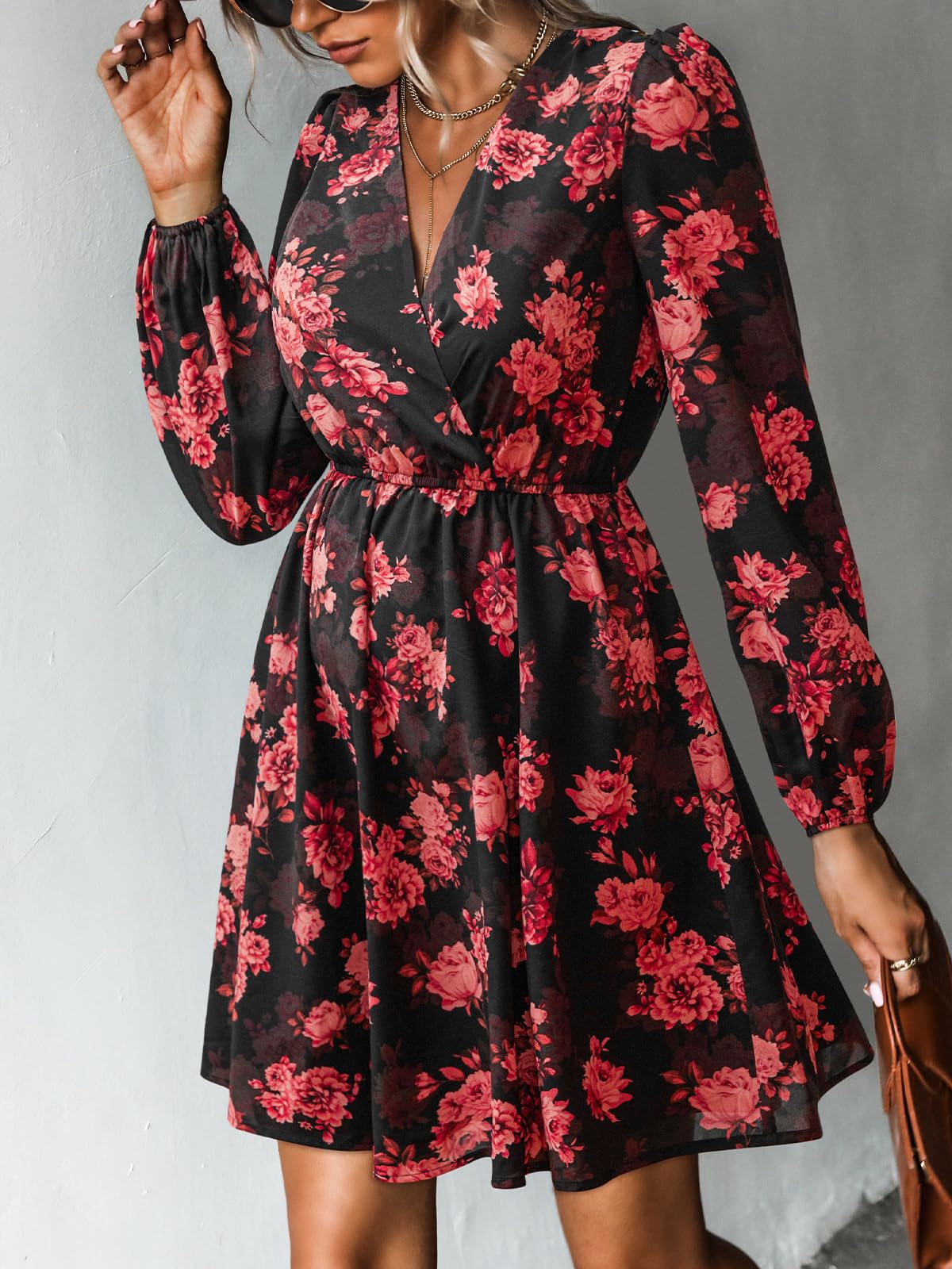 Cupshe Abito autunnale in chiffon da donna, mini abito a trapezio, con maniche lunghe a sbuffo e scollo a V, stile casual