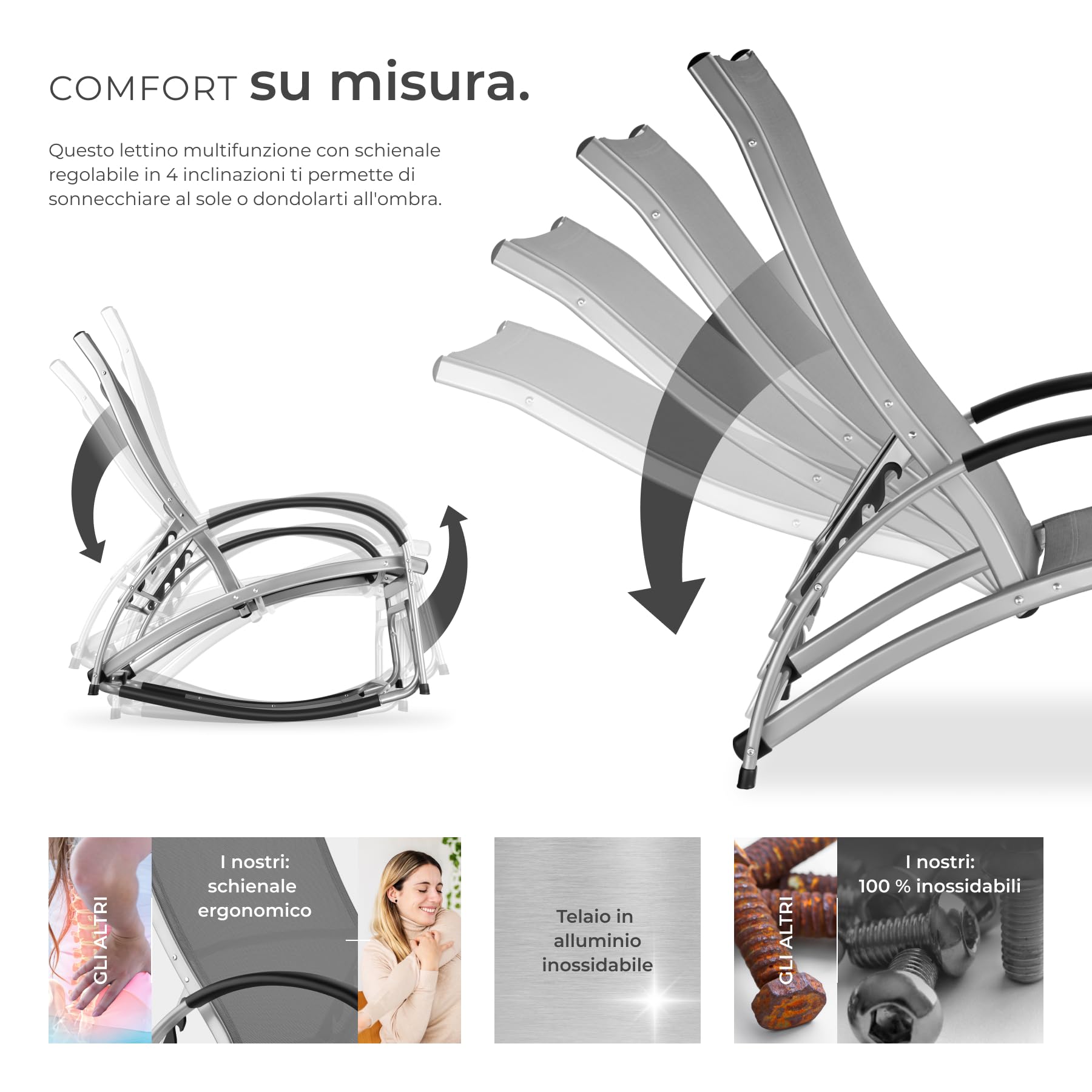 tectake® Set da 2 lettino prendisole 2in1, funzione sedia dondolo, schienale regolabile, struttura alluminio, superficie traspirante, sdraio da giardino, sedia a sdraio pieghevole - Antracite