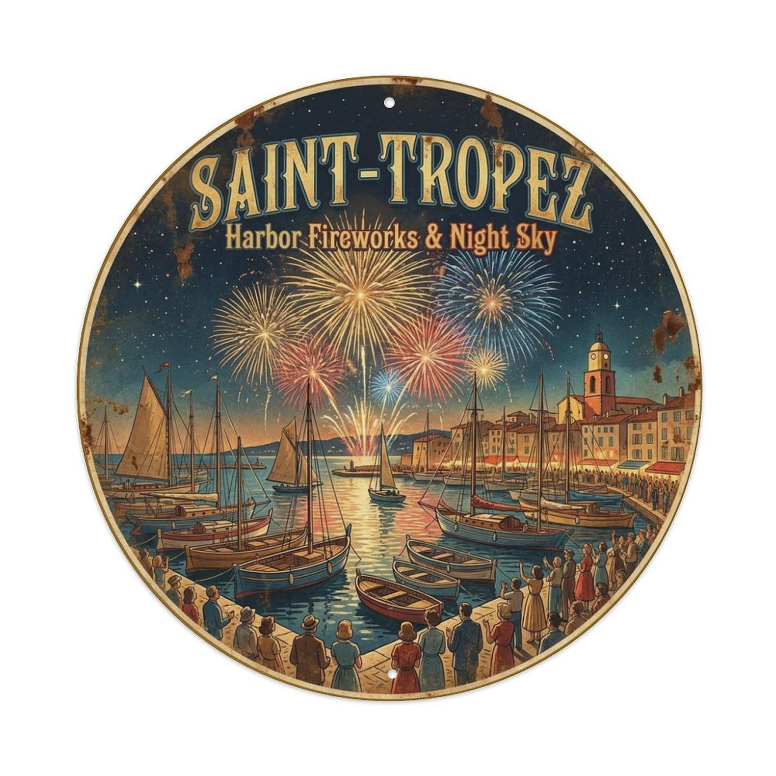 Harbor Fireworks Night Sky Travel Saint Tropez France Metal Tin Sign