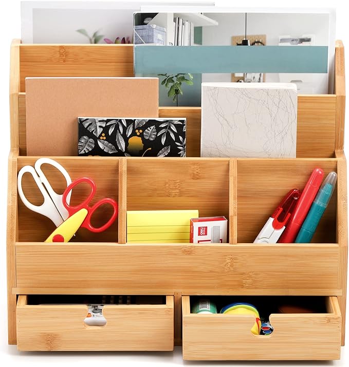 Youeon Bamboo Desk File Organizer with 6 Compartment & 2 Drawers, 14x11x6 Inch