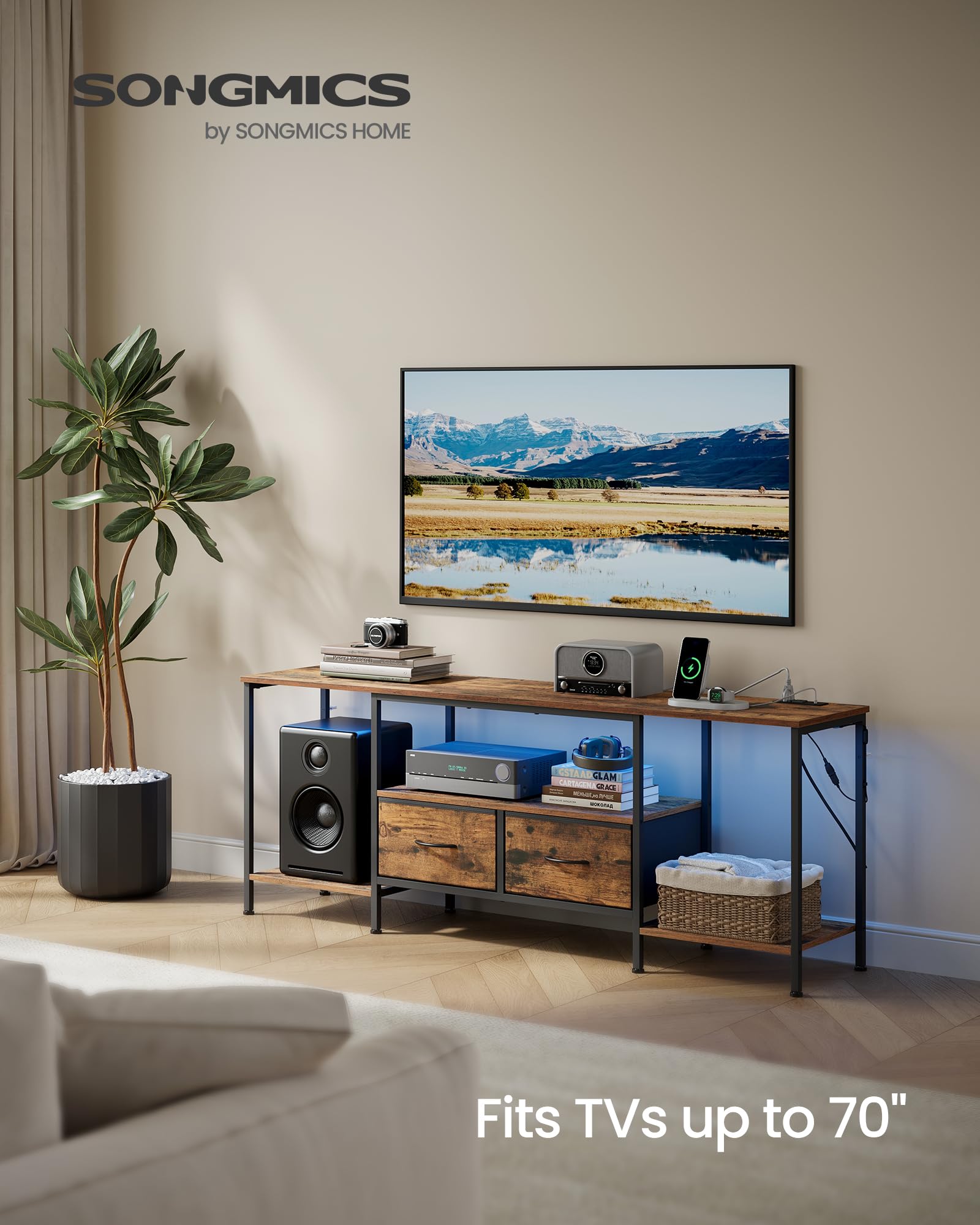 SONGMICS BELLAH Collection - TV Stand with Power Outlets and Lights, Entertainment Center Media Console for TVs Up to 178 cm, Living Room, Shelves, Drawers, Industrial, Rustic Brown ULGS420K101 - 3