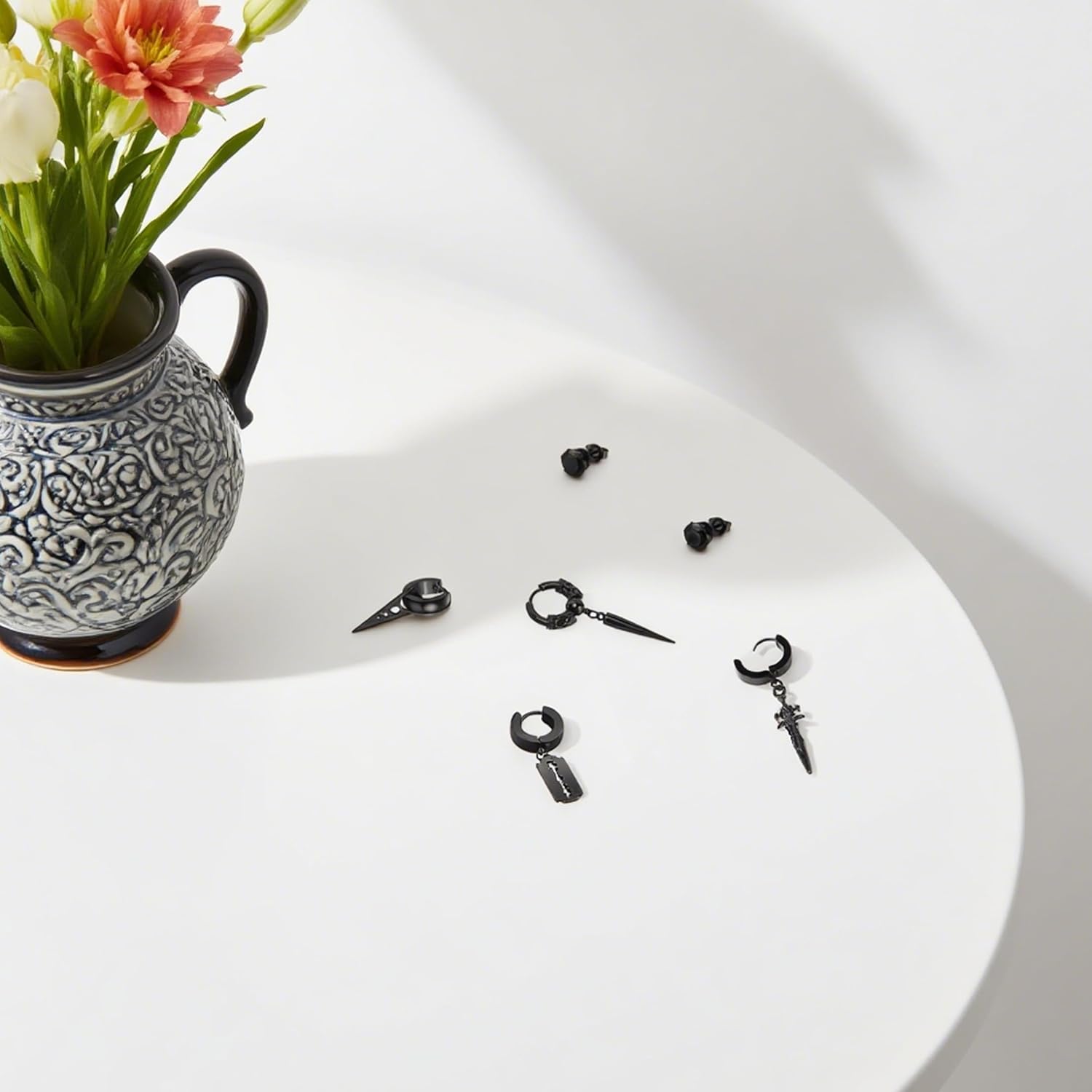 5 Pairs Punk Hip-hop Stainless Steel Black Dagger Geometric Triangle Cross Sword Dangle Surgical Huggie Hoop Earrings Set Gift for Men Women Teen - Image 2