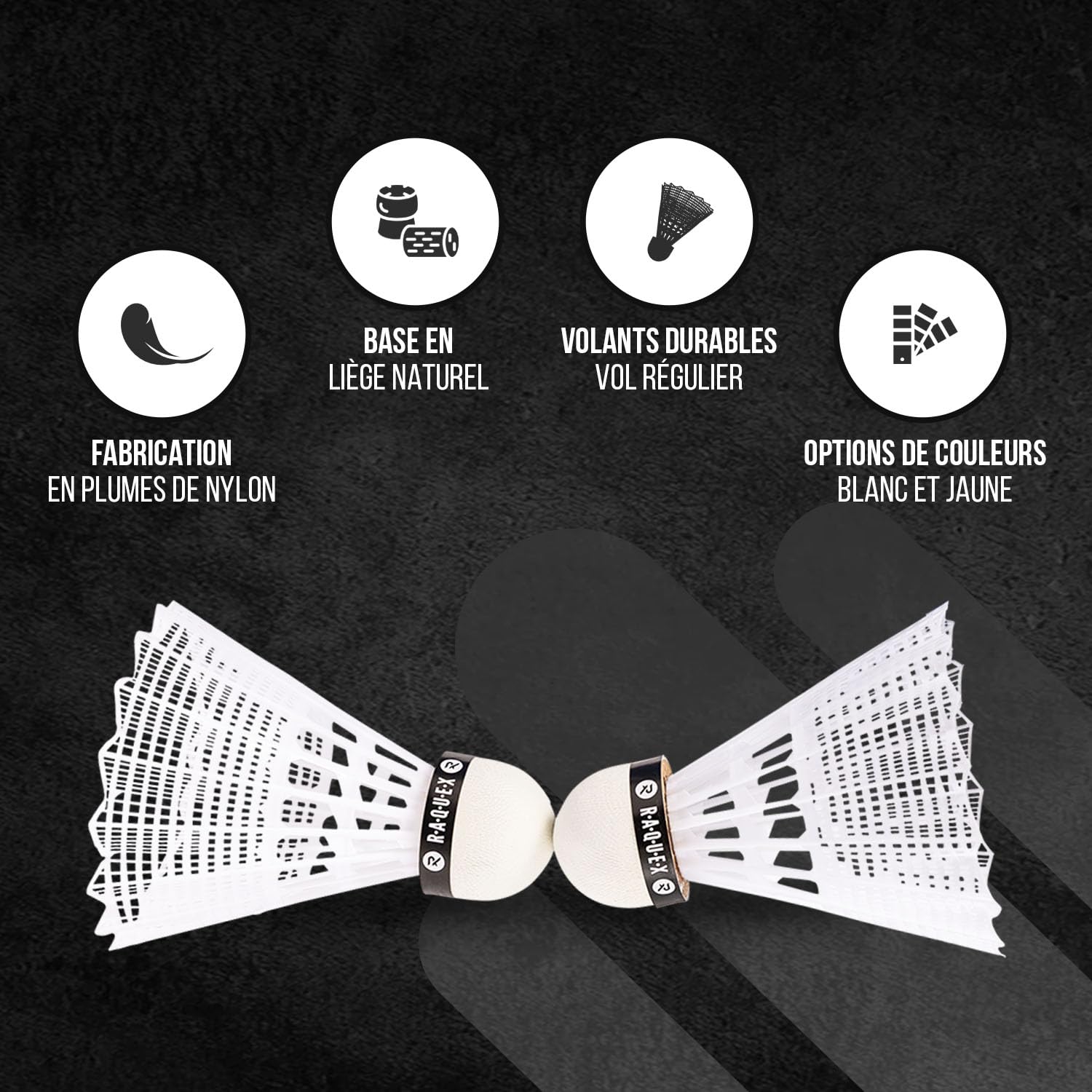 Raquex Volants de Badminton en Plumes de Nylon Tube de 6 Volants en liège Naturel – Trois Options de Vitesse – Volants Blancs ou Jaunes –Volants de Badminton durables pour l'intérieur et l'extérieur - 4
