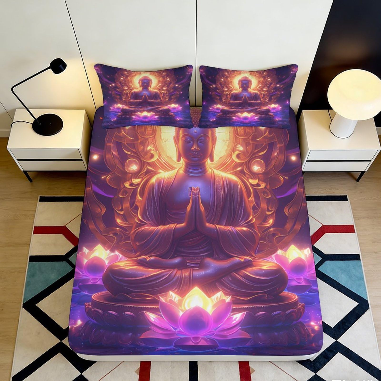 3D Printed Buddha Meditation Fitted Sheet Microfiber Lotus Bed Cover for Bedroom Dorm Mattress Protection Decor 90x200x25cm