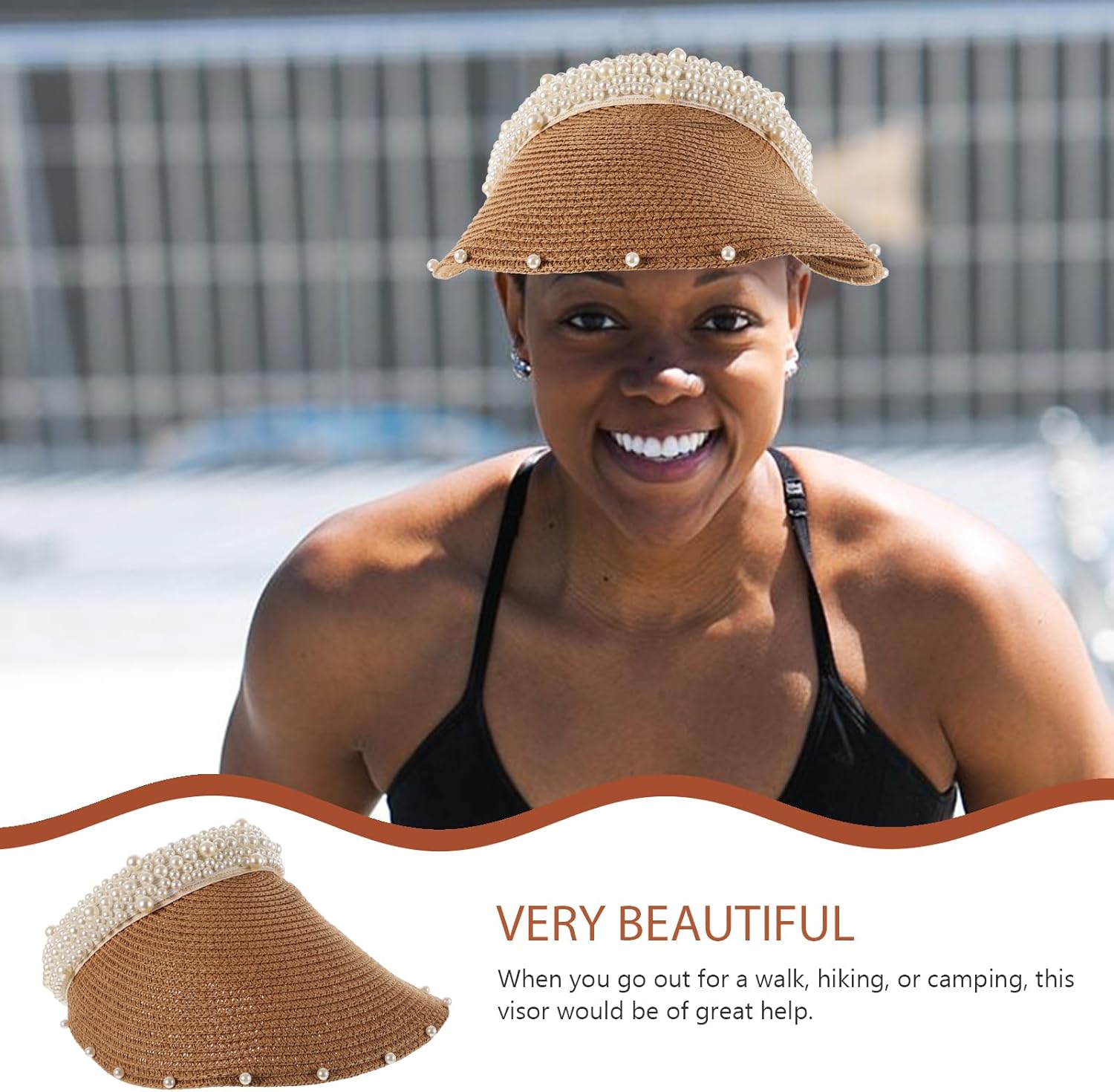 Pearl Embellished Straw Sun Visor Hat for Women Wide Brim Uv Protection Summer Beach Hat with Ponytail Opening - Image 5