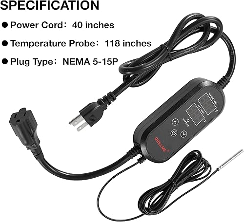 Miniatura 2 de GRILLME Controlador digital de temperatura 120V 1500W 15A Fahrenheit Pantalla de grado con enchufe de salida y enchufe para calefacción Control de
