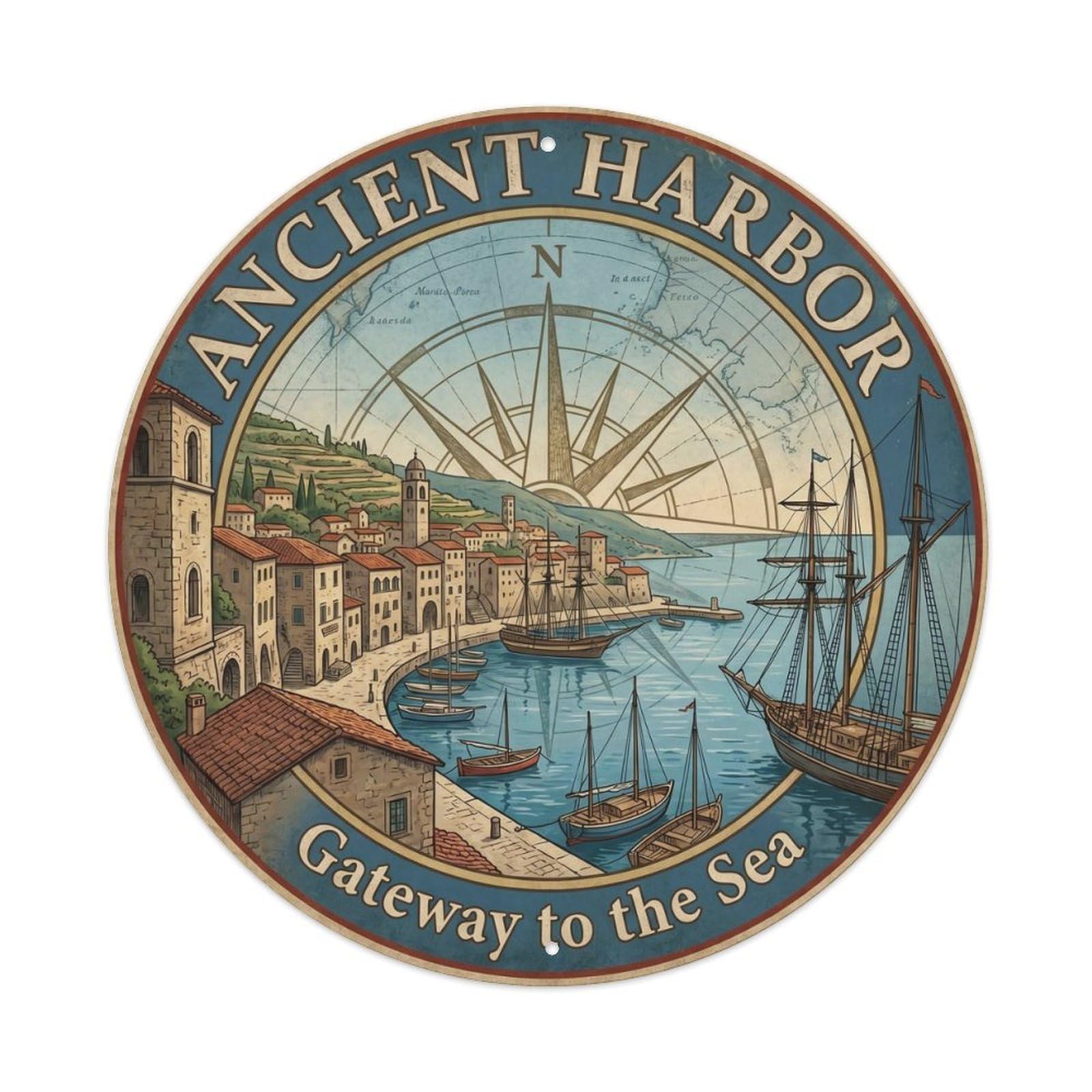 Yrnq Vintage Style Vintage Travel Harbor Italy Vintage Metal Tin Sign Plaque Wall Decor For Cafe, Club, Garden Round Metal Poster 8X8inch