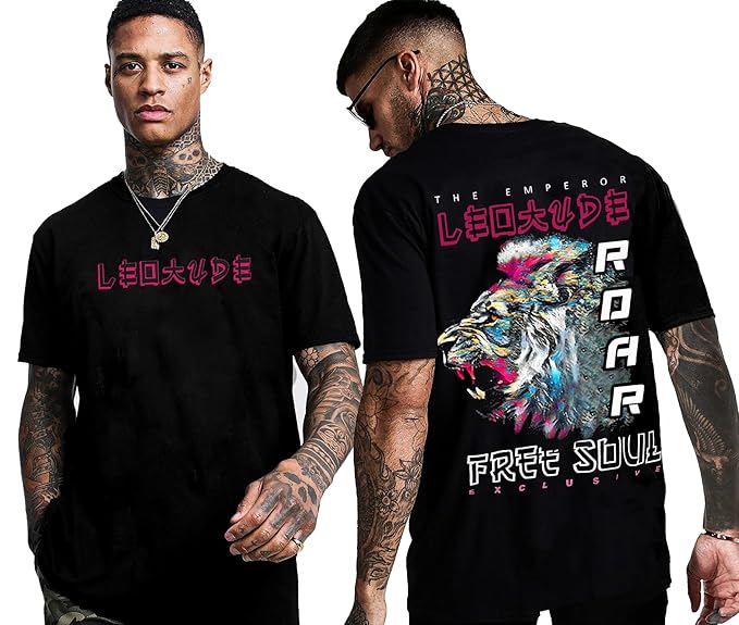 LEOTUDE Cotton Blend Half Sleeve Back Print Oversized T-Shirts for Men