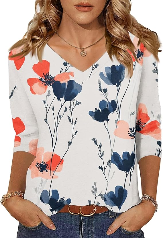 HTHLVMD Womens 3/4 Length Sleeve Tunic Tops Summer Fall Outfits 2025 Three Quarter Sleeve Casual V Neck T Shirts for Women