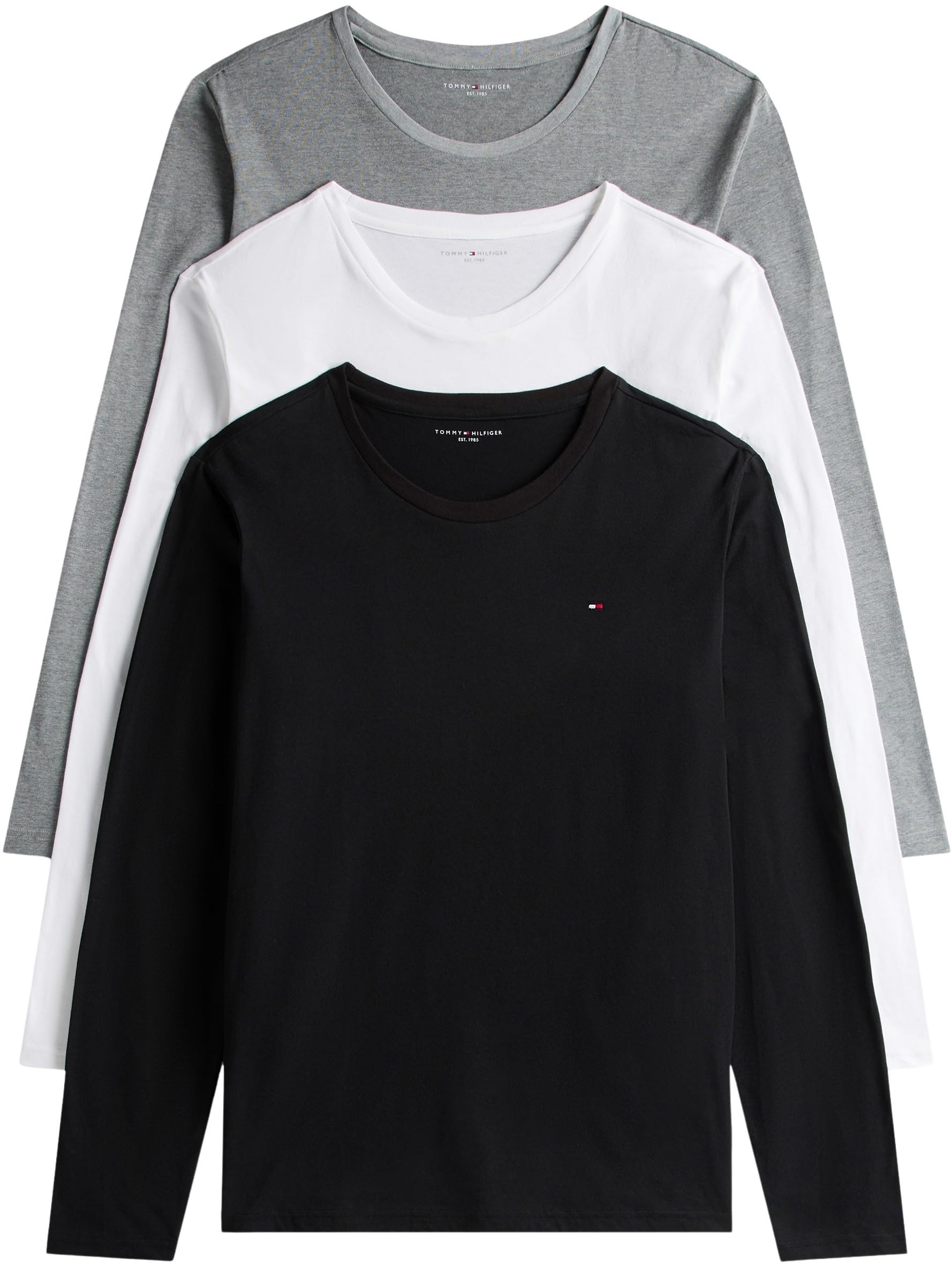 Tommy Hilfiger Herren 3er Pack Langarmshirts mit Rundhalsausschnitt, Mehrfarbig (White/Black/Grey Heather), XS