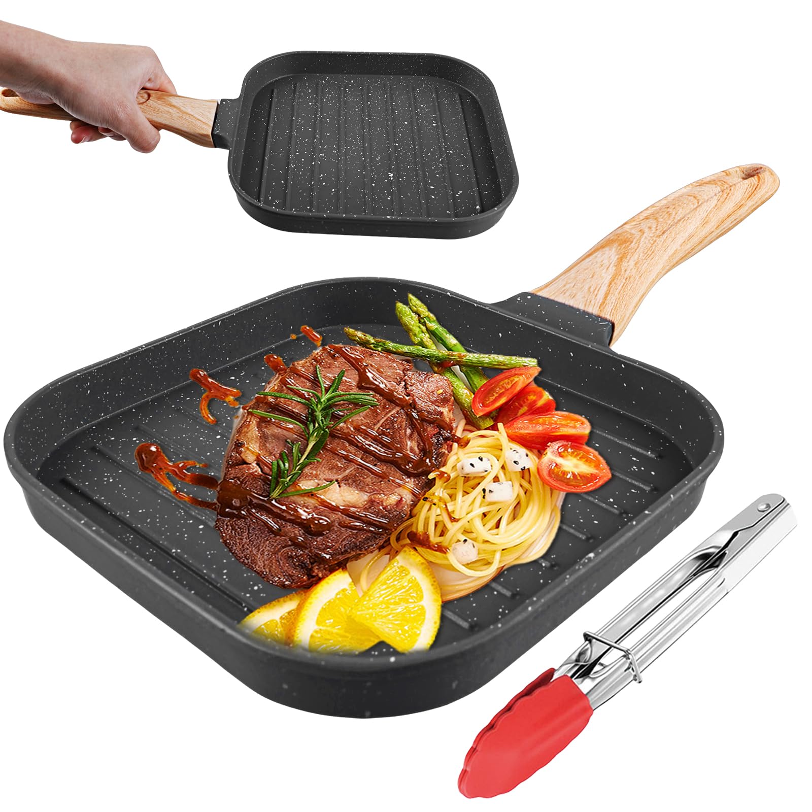 Sartén parrilla con mango, 19 x 20 cm, de piedra médica con pinzas de barbacoa, sartén, para alas de pollo, filetes, panqueques, todo tipo de fuegos, color negro