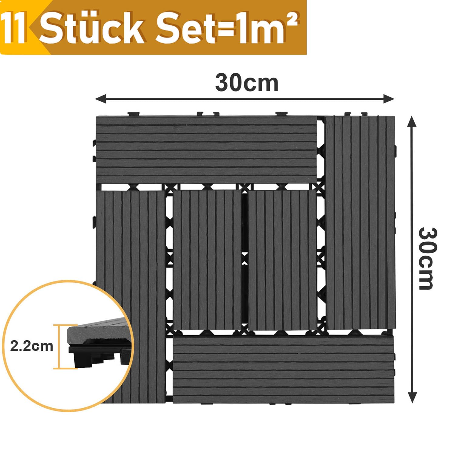 Piastrelle per terrazze in WPC, 30 x 30 cm, 55 pezzi/5 m², con sistema a clic, impermeabili e antiscivolo, adatte per balcone e giardino, antracite