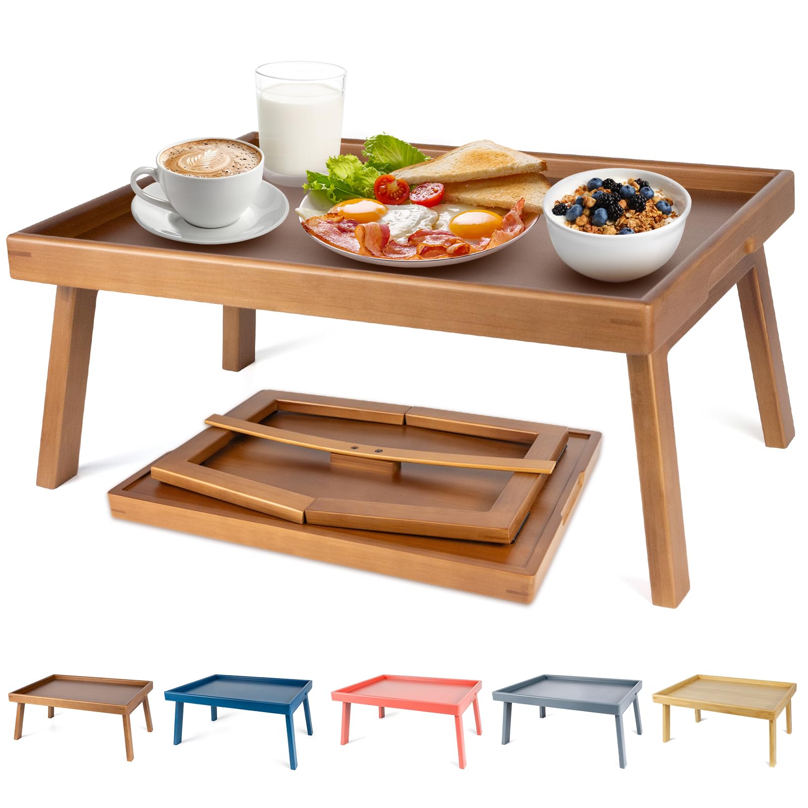 Bamboo Bed Table Tray with Support Bar and Foldable Legs, Breakfast Food Trays Table for Bed Sofa Eating and Laptops, TV Lap Tray Table on Couch (Applied for Invention Patent)