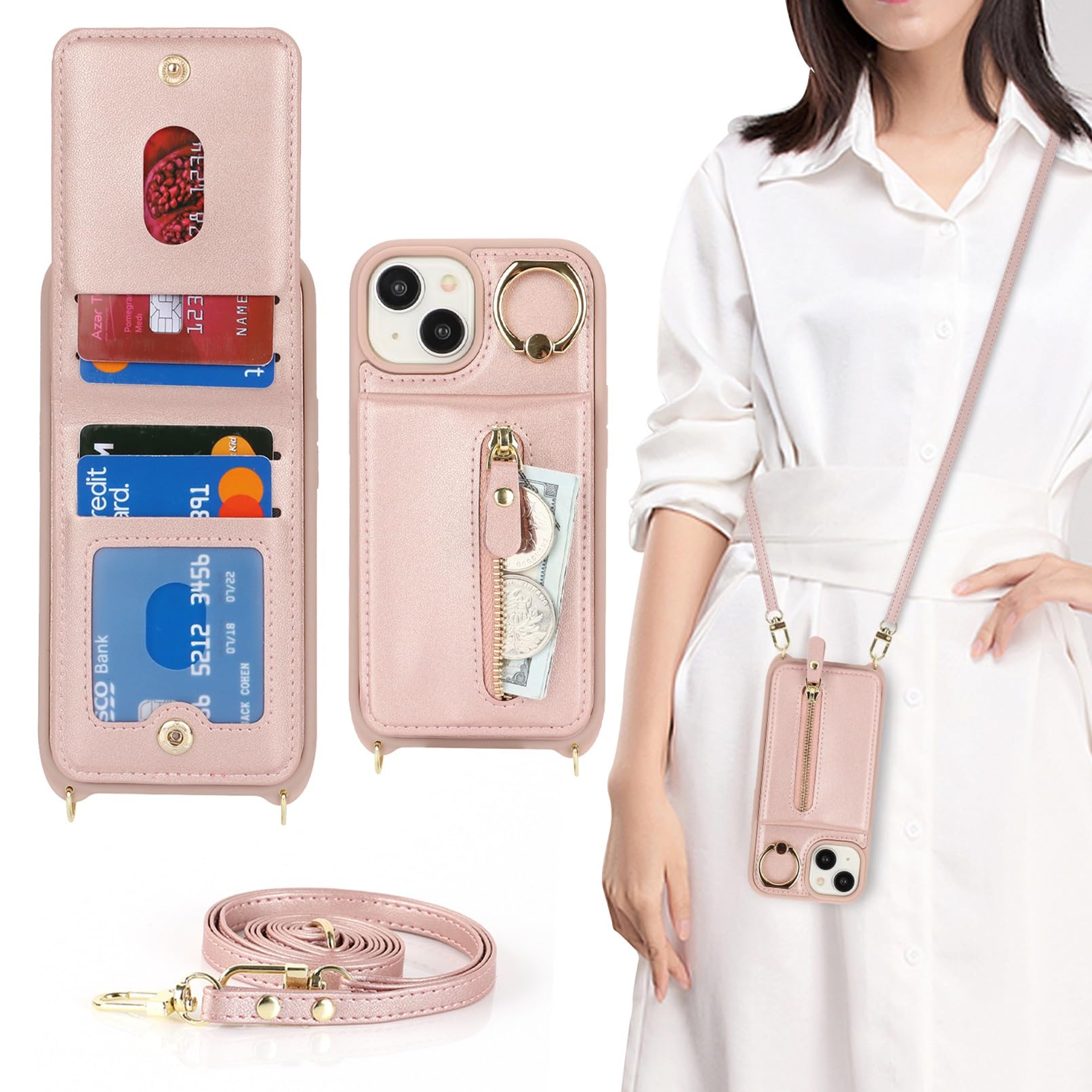 Jaorty Compatible with iPhone 15 Case Wallet with Card Holder for Women Men,with Ring Holder,PU Leather Magnetic Snap Zipper Wallet Phone Case with Crossbody Strap for iPhone 15 6.1",Rosegold
