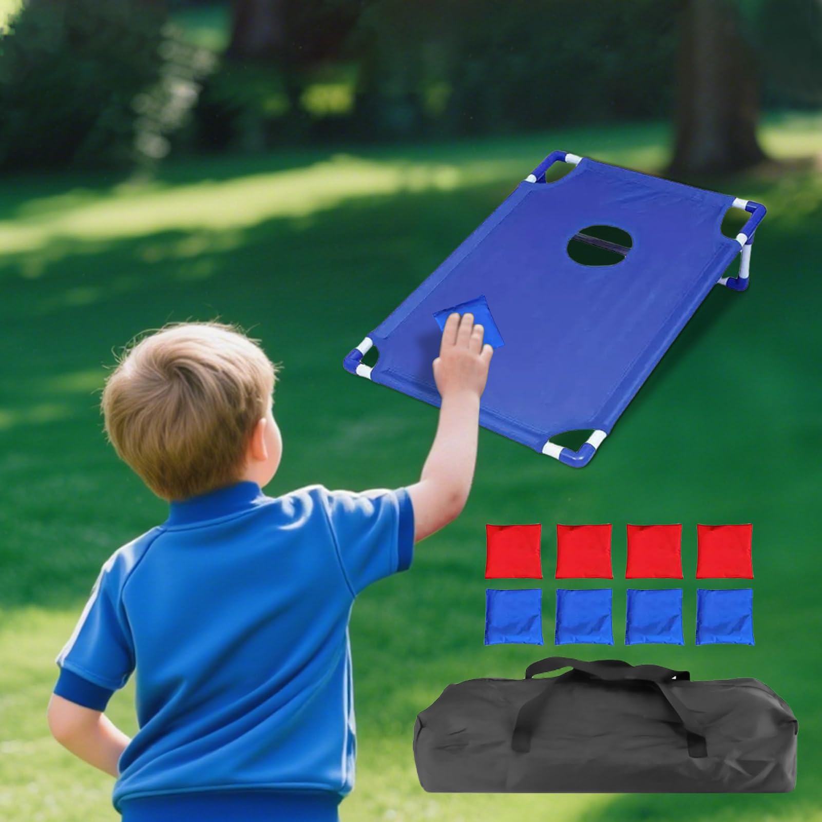 Cornhole Brett Set de puf portátil, juego de lanzamiento, tabla de 22,8 x 20 pulgadas, incluye 8 pufs para patio, jardín, niños, camping, adultos, viajes, parque, césped
