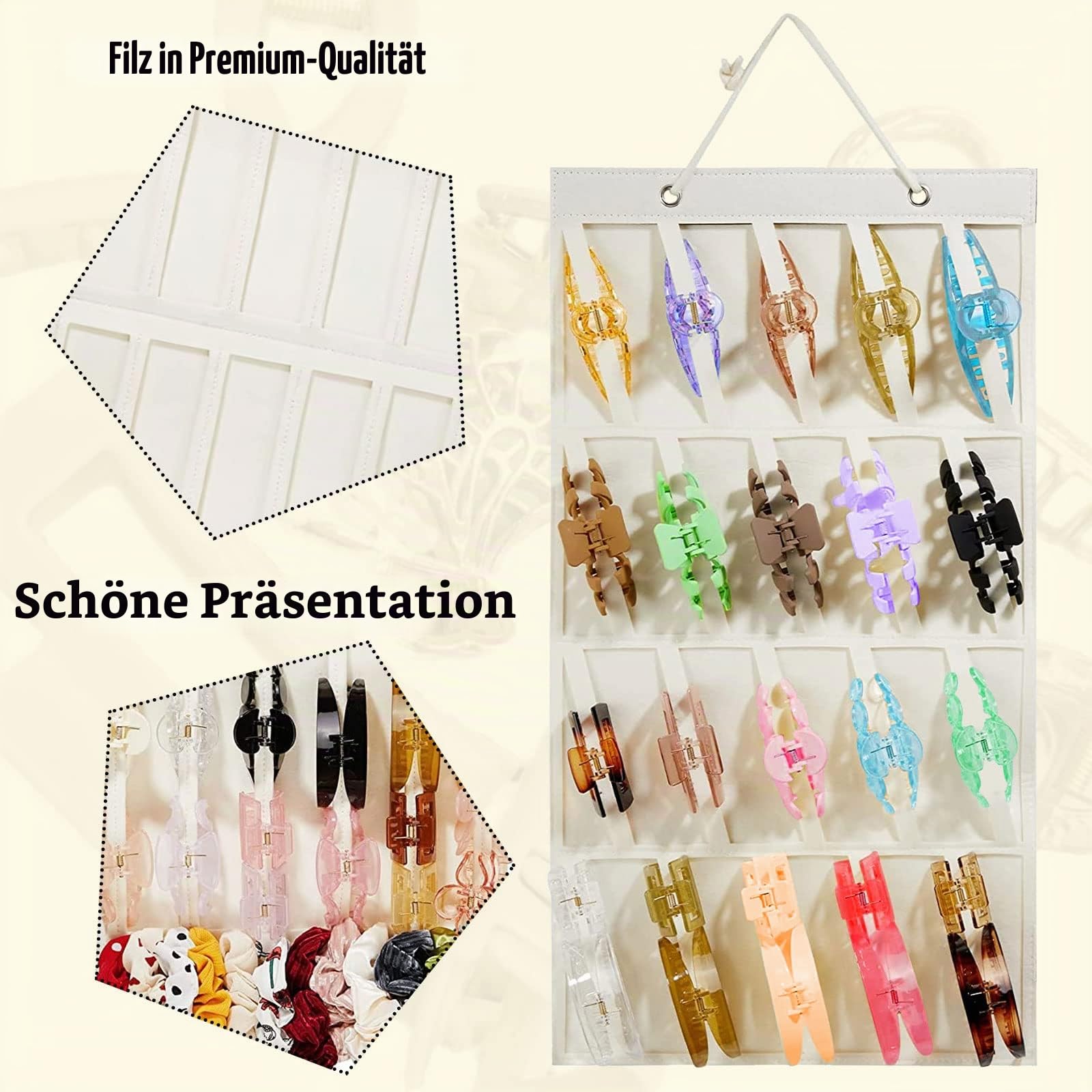 Haarklammer Organizer Hängend, Haargummi Aufbewahrung Hängend mit 20 Bändern Aufbewahrung für Haarklammern Haarspangen Organizer Mädchen, Haarklammer Halterung für Töchter, Frau, Mutter, Freunde Kosmetik