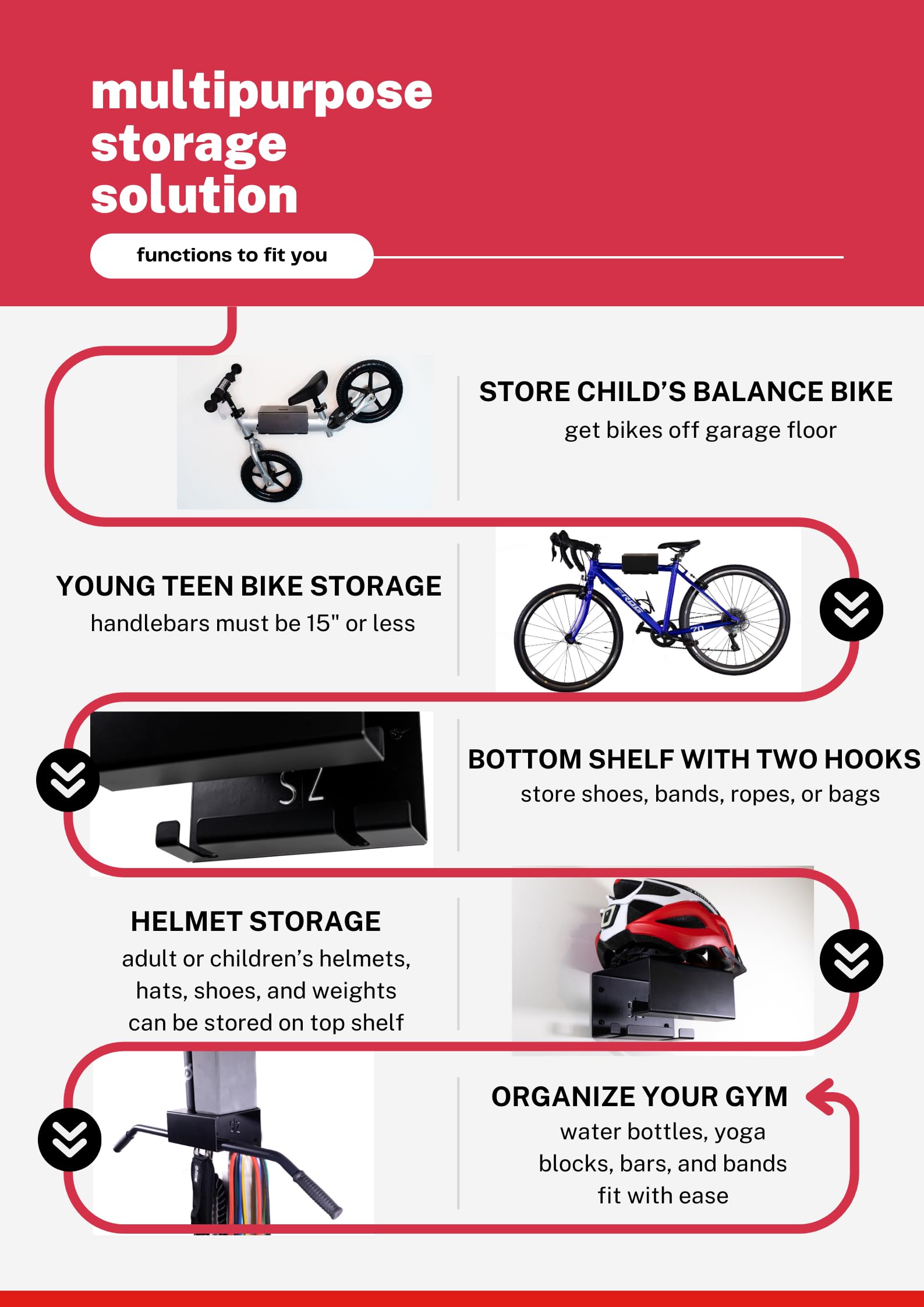Soporte de pared para bicicleta para niños, soporte para bicicleta, ganchos para garaje, organización de garaje, portabicicletas, garaje, almacenamiento de gimnasio, almacenamiento de bicicletas,