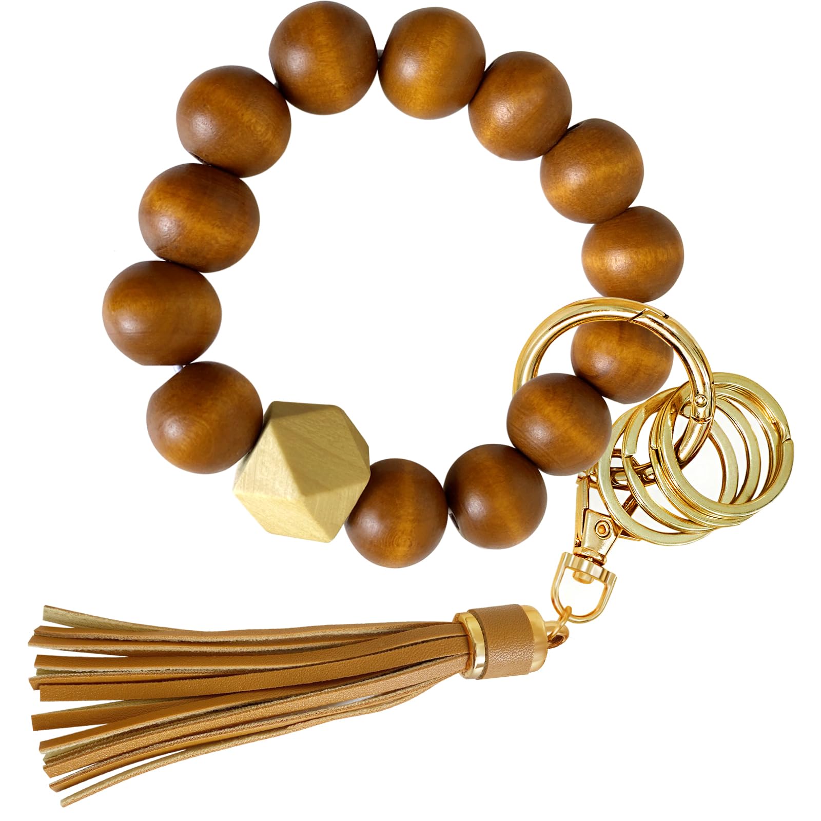 BuitBoll Wristlet Keychain with 4 Key Rings Wooden Beaded Bracelet Key Chain Bangle Key Holder with Leather Tassel