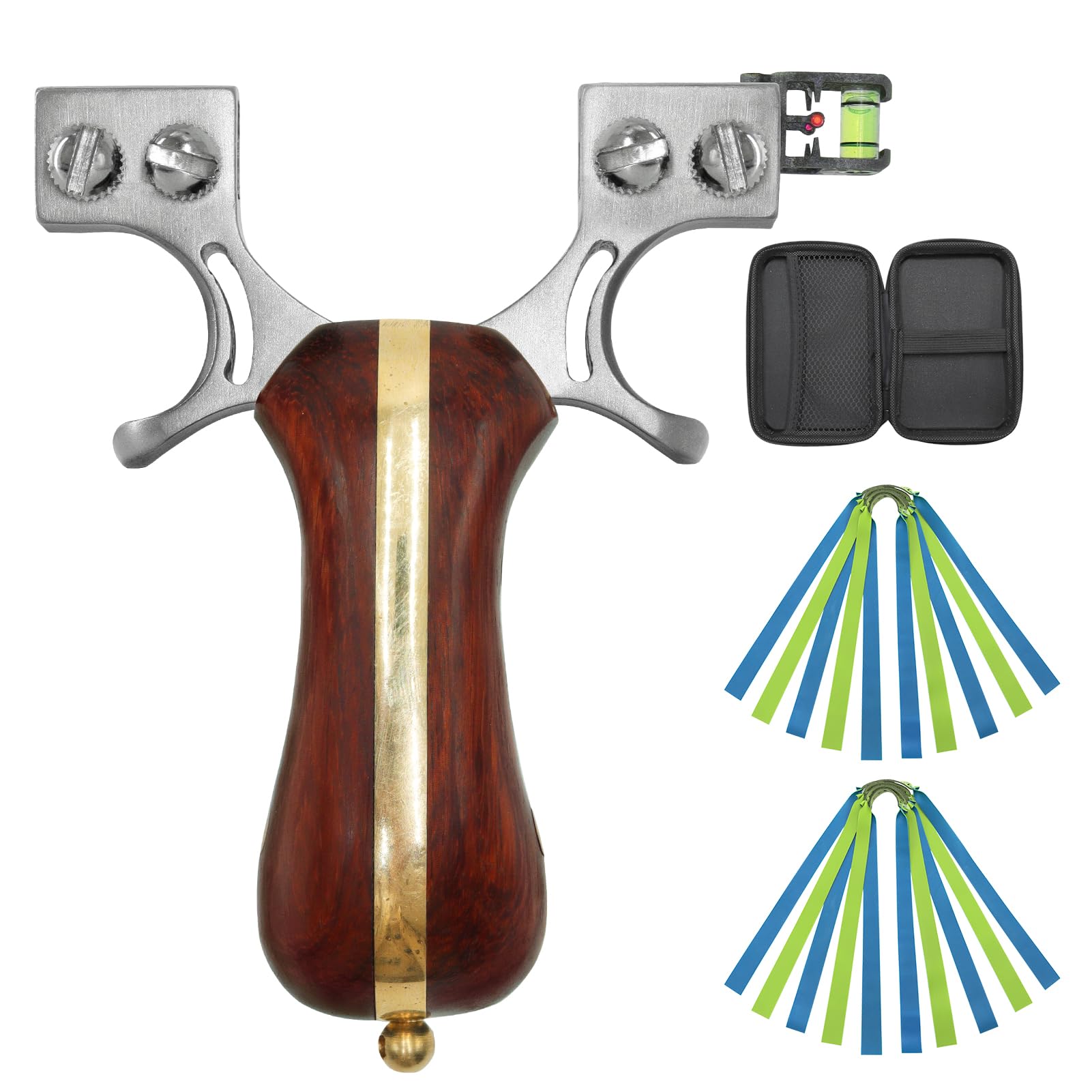 Obert Professional Slingshots for Hunting with 10 Flat Slingshot Bands with 1 Slingshot Bag Stainless Steel Slingshot Wooden Handle Sling Shot with Spirit Level for Adults