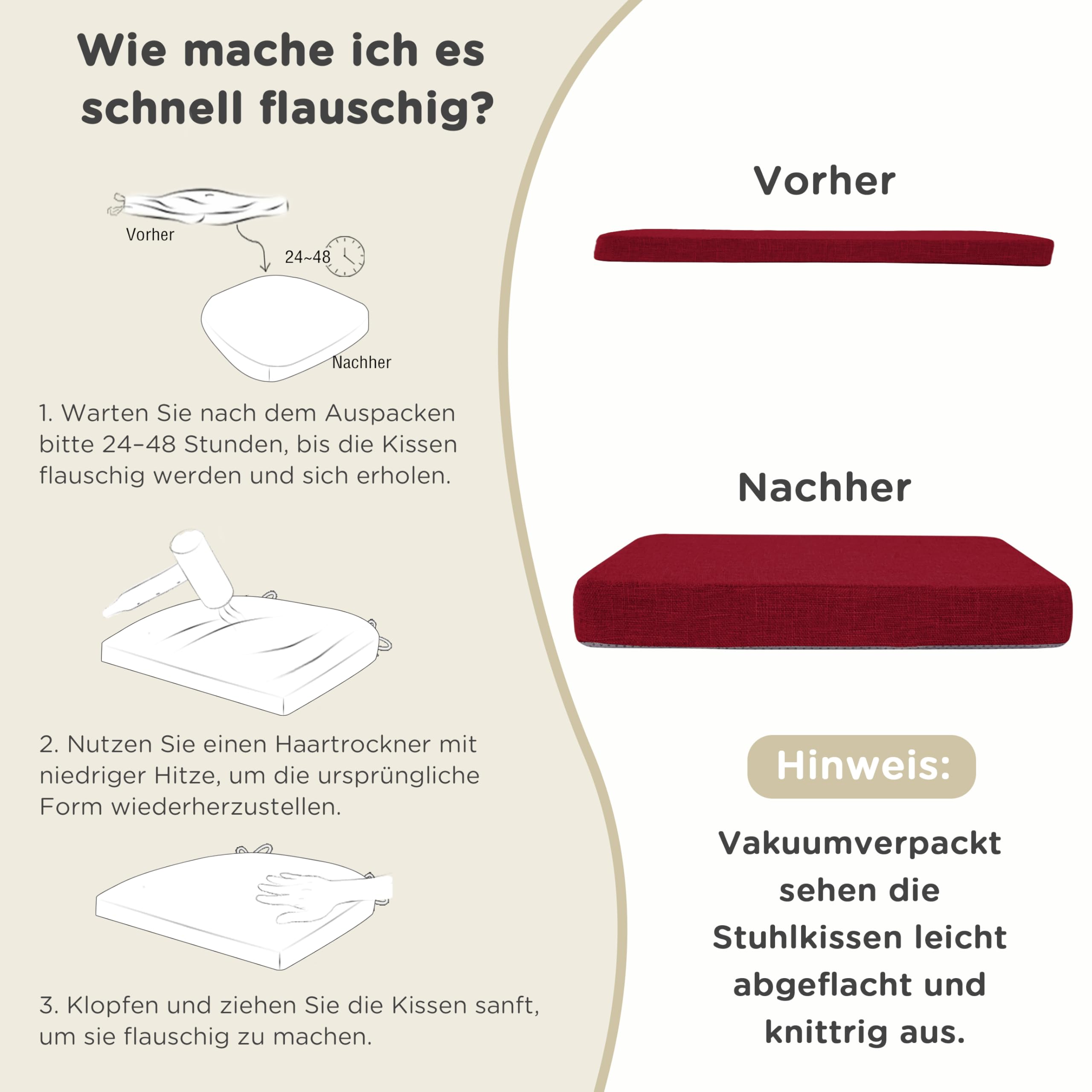 AddGrace Stuhlkissen für Esszimmer 6er Set, 40x40x5 cm, Rot
