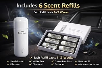 Car Mini Scent Diffuser for Vehicle, Aromatherapy Essential Oil Diffuser, Compact Auto Air Freshener (Space Black) USB Powered, Easy Install, Includes 6 Scent Refills, Long-Lasting Car Fragrance