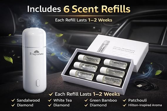 Car Mini Scent Diffuser for Vehicle, Aromatherapy Essential Oil Diffuser, Compact Auto Air Freshener (Space Black) USB Powered, Easy Install, Includes 6 Scent Refills, Long-Lasting Car Fragrance