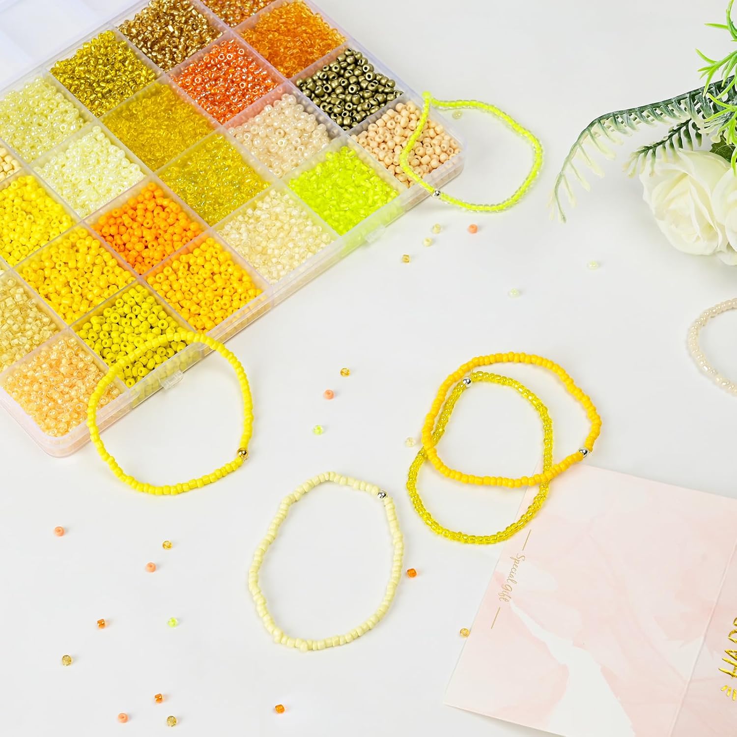 Vtssvow 3mm Glass Seed Beads for Bracelets Making, 24 Colors 10000pcs Friendship Bracelet Making Kit, Small Glass Beads for Jewelry Making (Mix 24 Color, Yellow) - Image 5