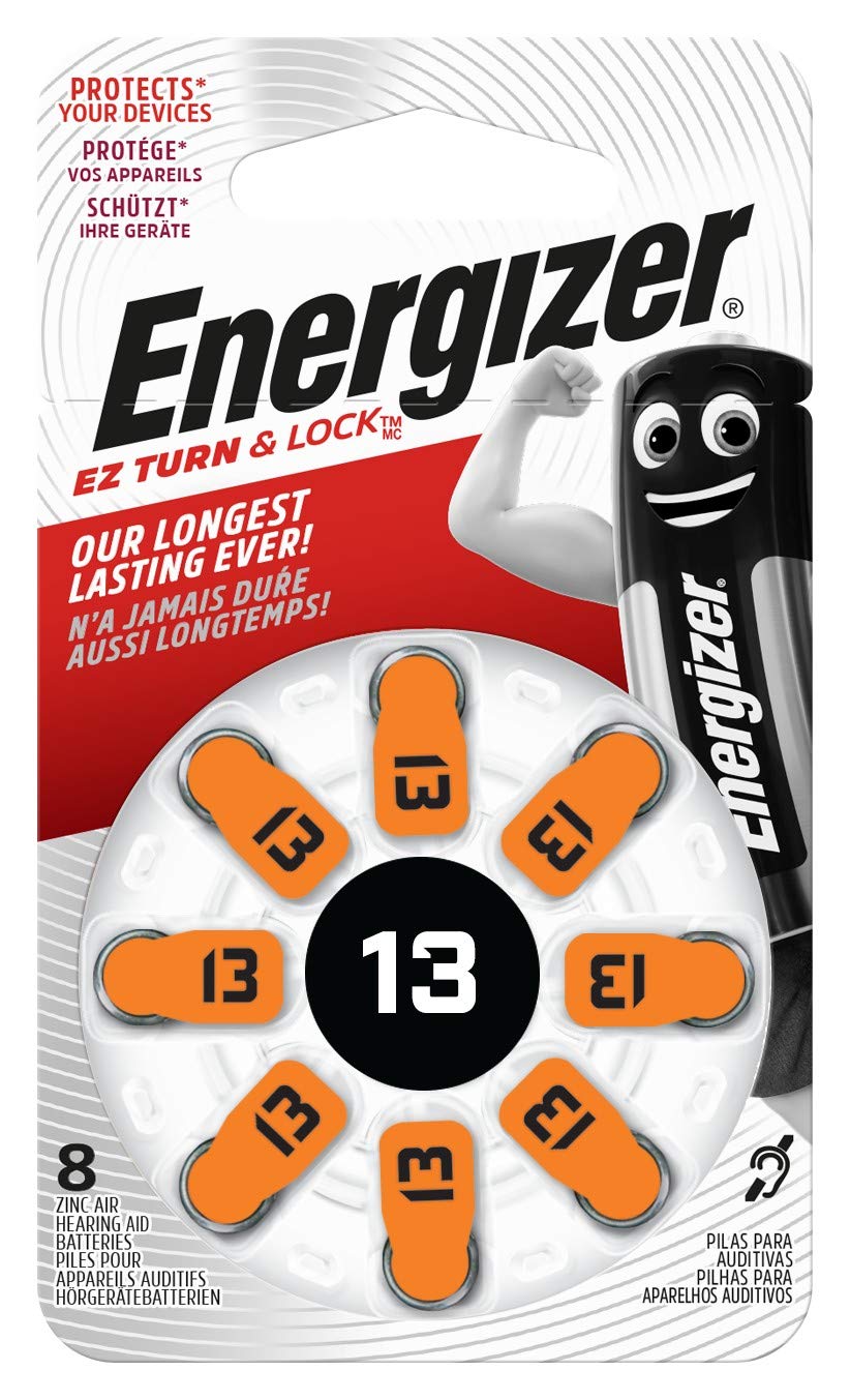 Energizer Hearing Aid Batteries, Size 13, EZ Turn & Lock, Pack of 8 , Orange
