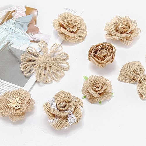 Miniatura 4 de Allazone Juego de 41 flores de arpillera natural, 39 piezas hechas a mano de arpillera de flores de rosas de encaje y cinta de arpillera y punto de