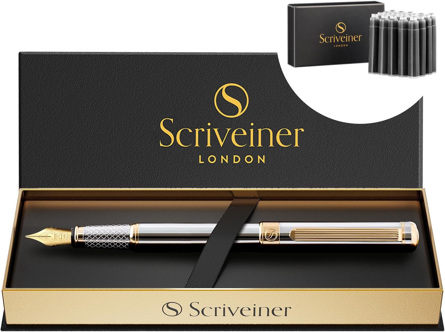Scriveiner Silver Chrome Fountain Pen - Stunning Luxury Pen, Real Gold Plating, Schmidt Gilded Nib (Broad), Bundle with Fountain Pen Ink Cartridges - Black - 20 Standard International