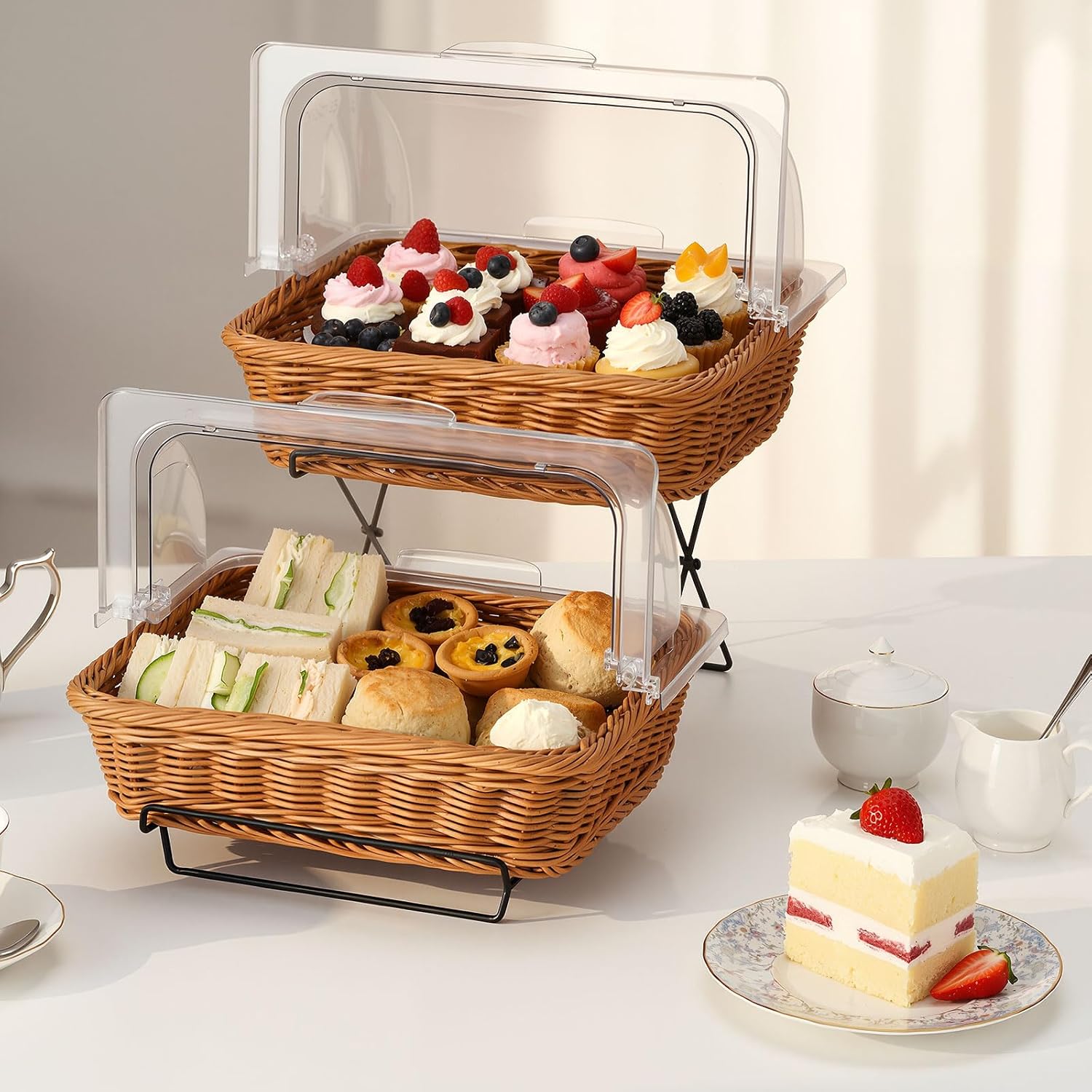 2 Pack Imitation Rattan Plastic Bread Basket, with Acrylic Lid and Metal Display Stand Rectangle Woven Fruit Basket for Food Display Tabletop, 13.78 x 9.84'' (Flip Top Food Cover)