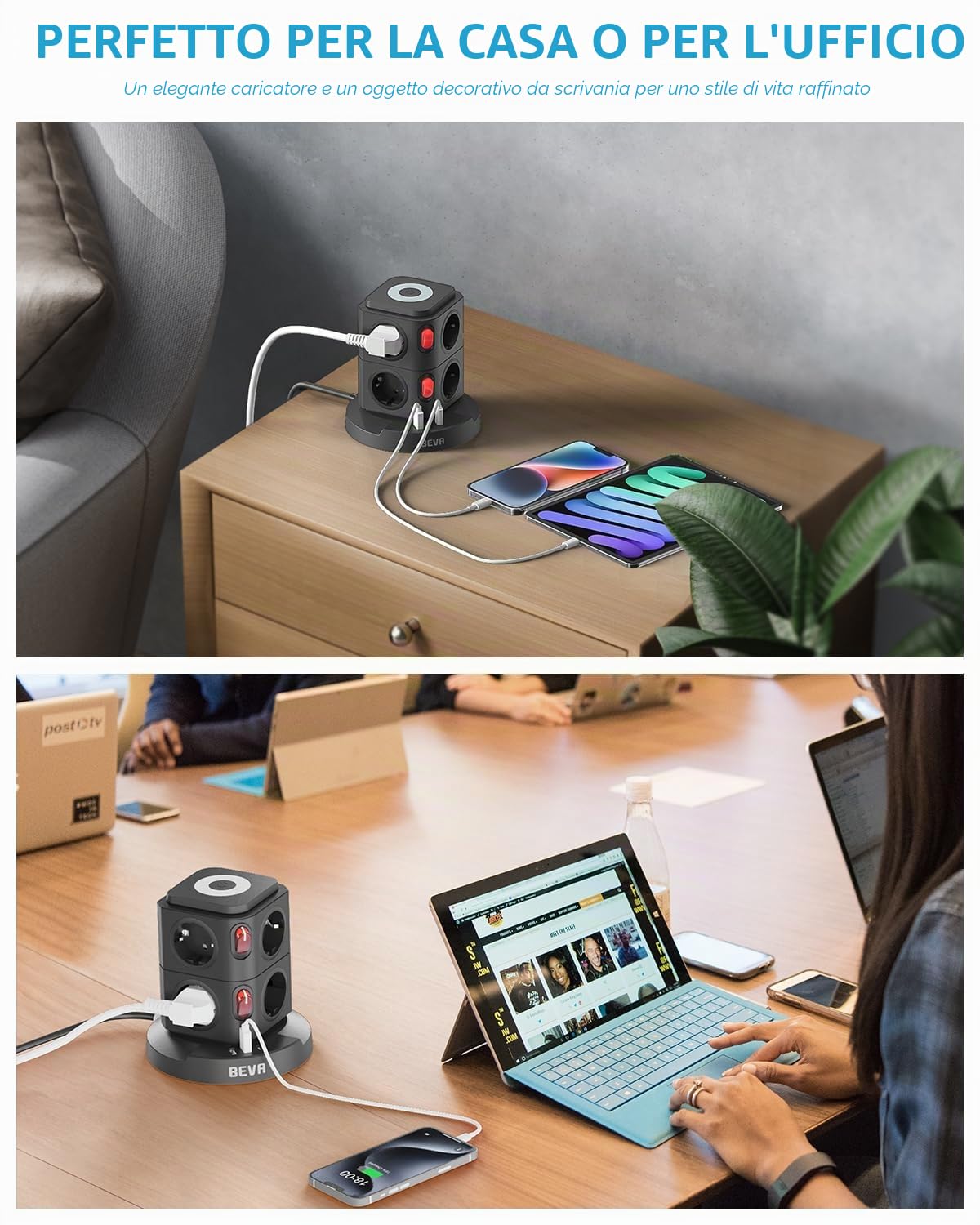 BEVA Multipresa Verticale, Ciabatta Multipresacon 3 Porte di Carica USB e 8 Prese EU Multipresa Elettrica con Luce Notturna e Protezione da Sovraccarico, 2500W/10A 2M Cavo