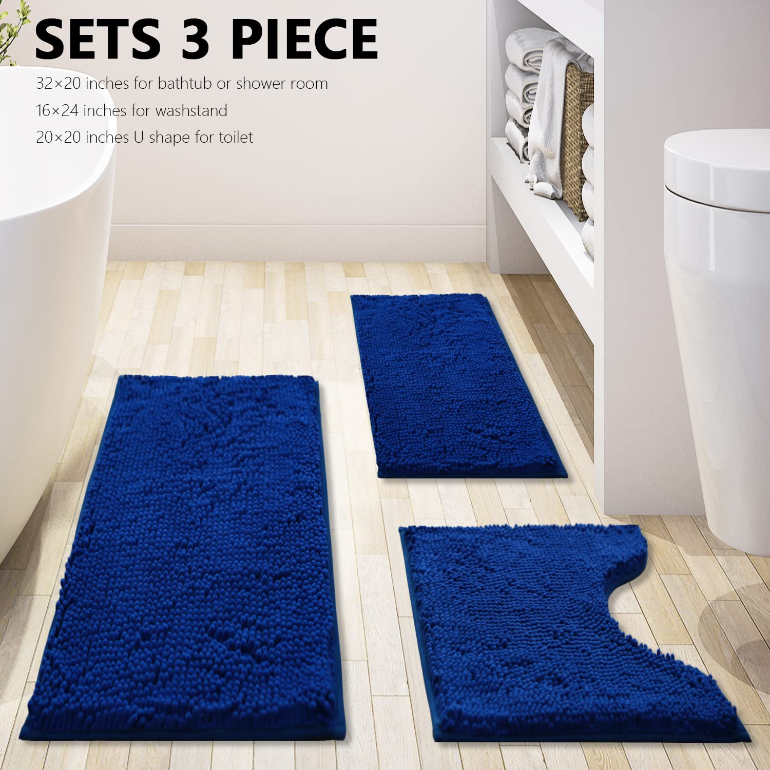 Alfombras de baño de felpilla de 3 piezas extra suaves y absorbentes, lavables a máquina, parte inferior antideslizante de PVC resistente, tapetes de felpa (azul rey)