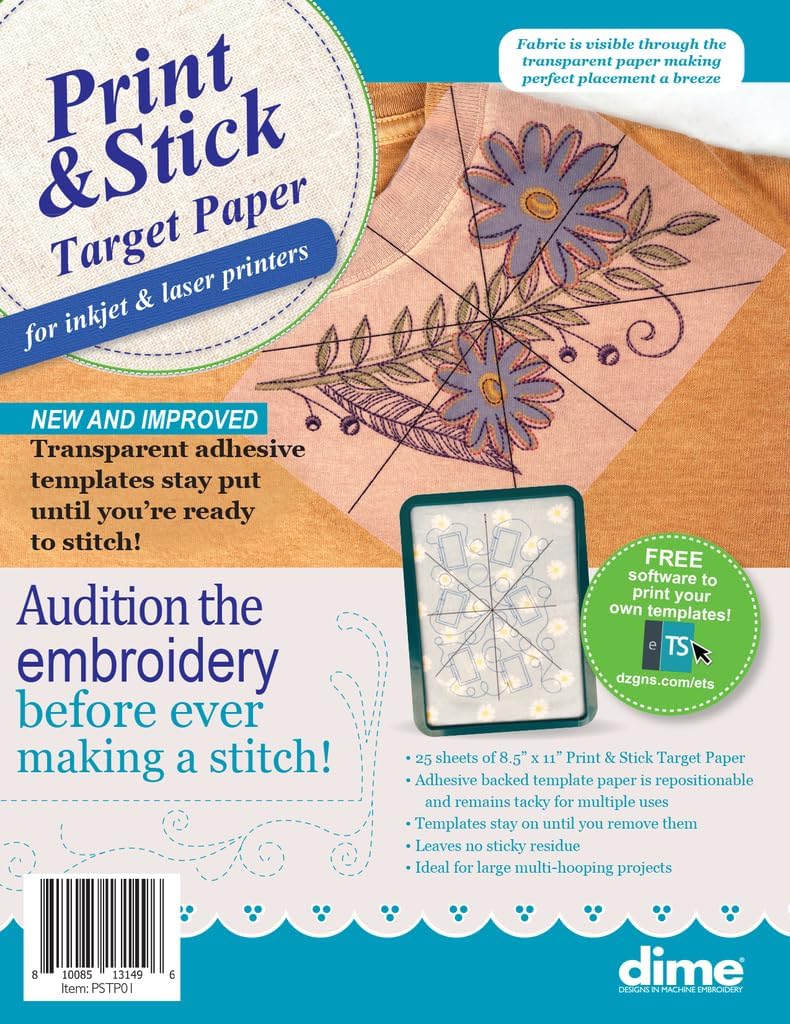 dime DESIGNS IN MACHINE EMBROIDERY Print & Stick Target Paper, Adhesive Templates, for Inkjet & Laser Printers